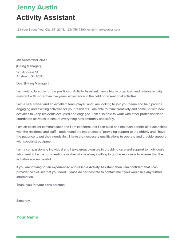Best Activity Assistant Cover Letter Example for 2023