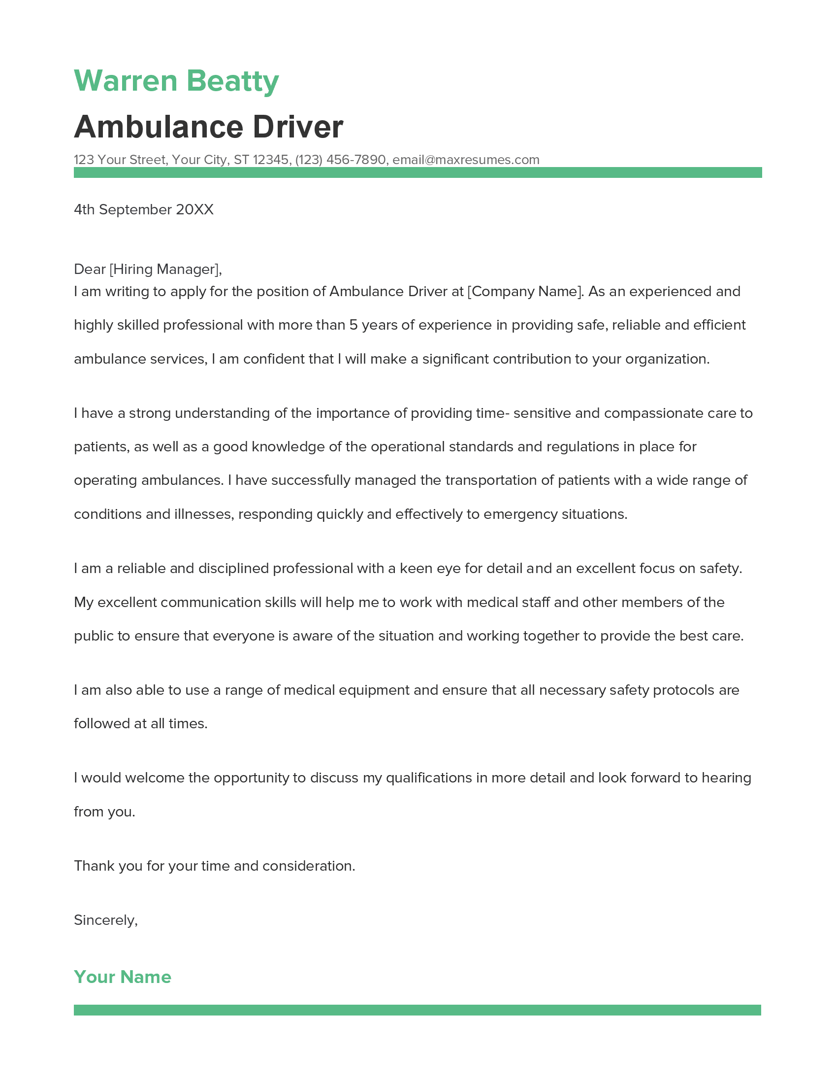Ambulance Driver Cover Letter Example
