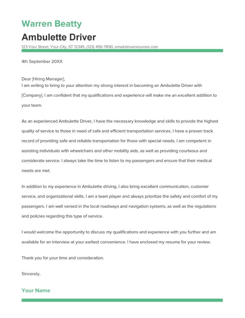 Best Ambulette Driver Cover Letter Example for 2023