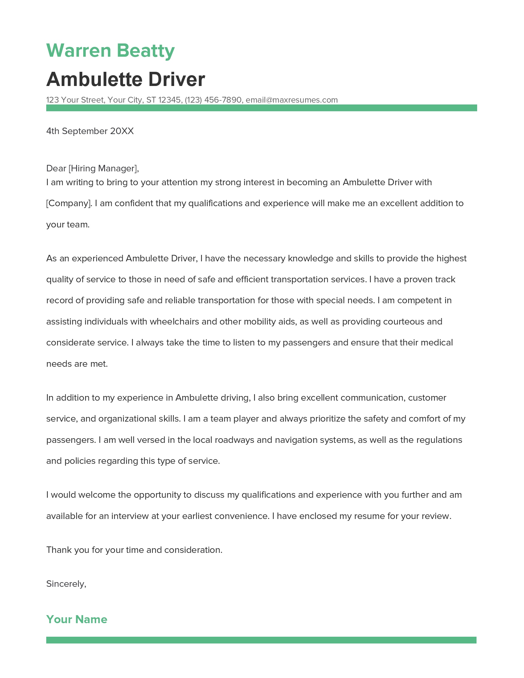 Ambulette Driver Cover Letter Example
