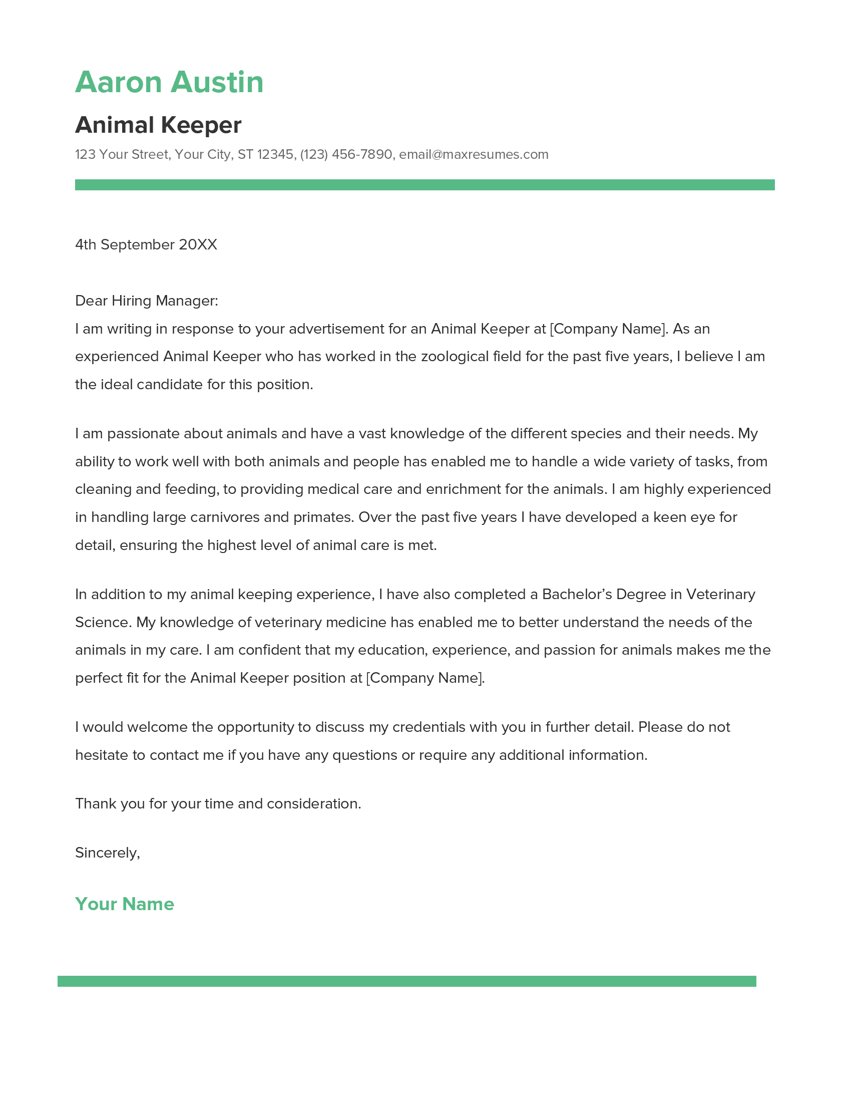 Animal Keeper Cover Letter Example