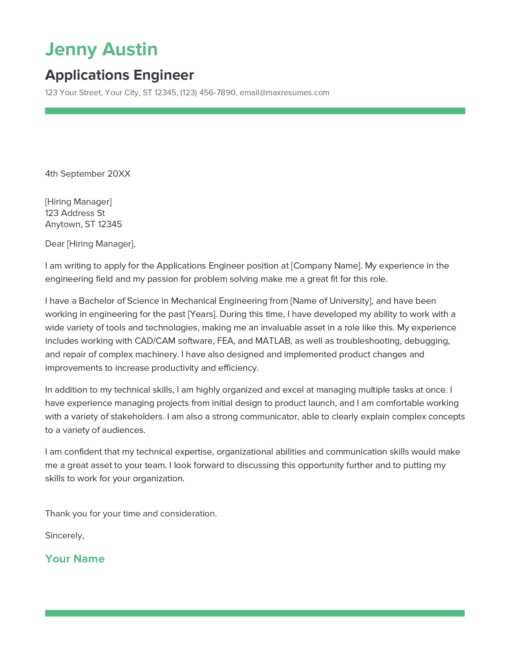 Applications Engineer Cover Letter Example