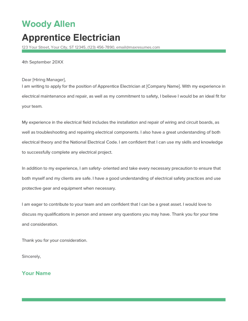 Best Apprentice Electrician Cover Letter Example for 2023