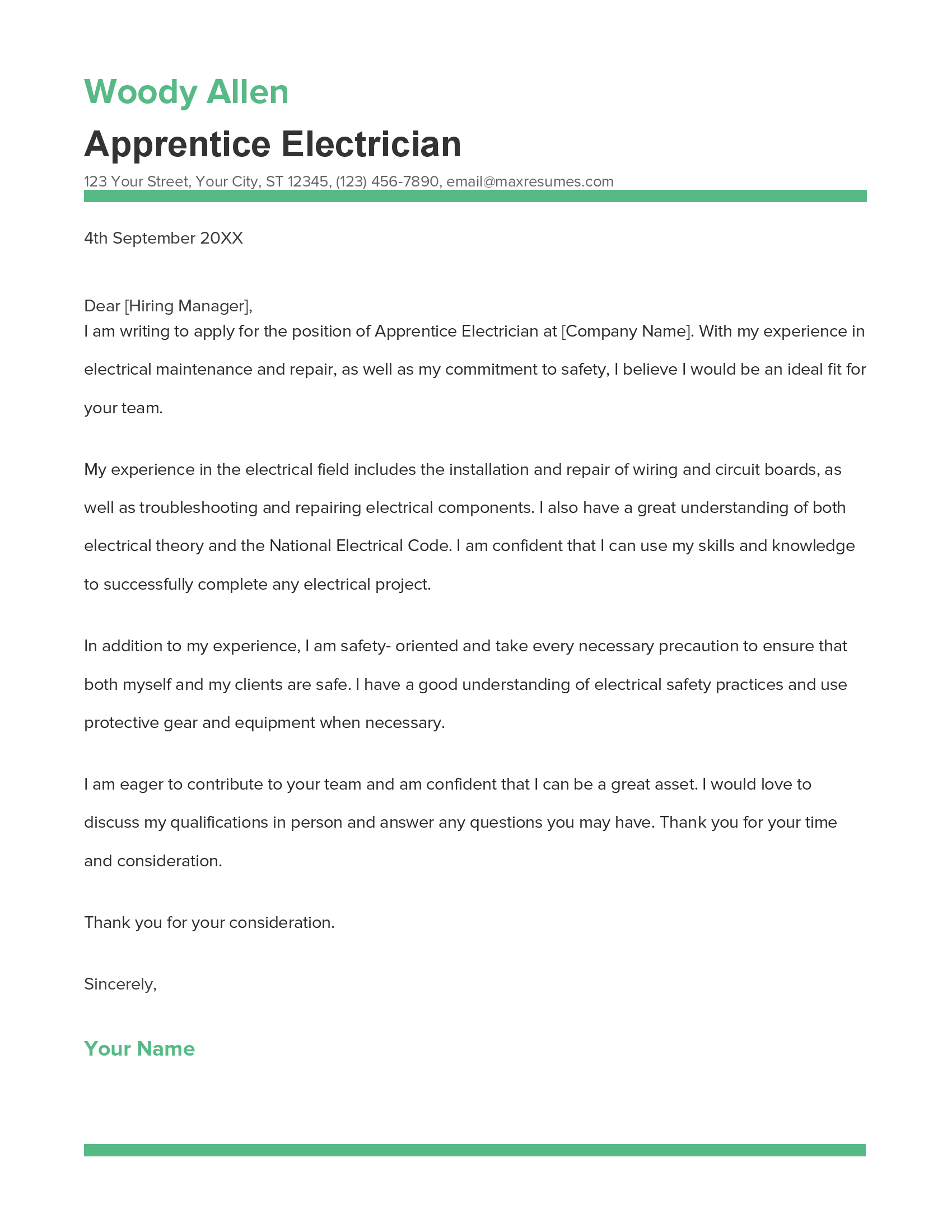 Apprentice Electrician Cover Letter Example