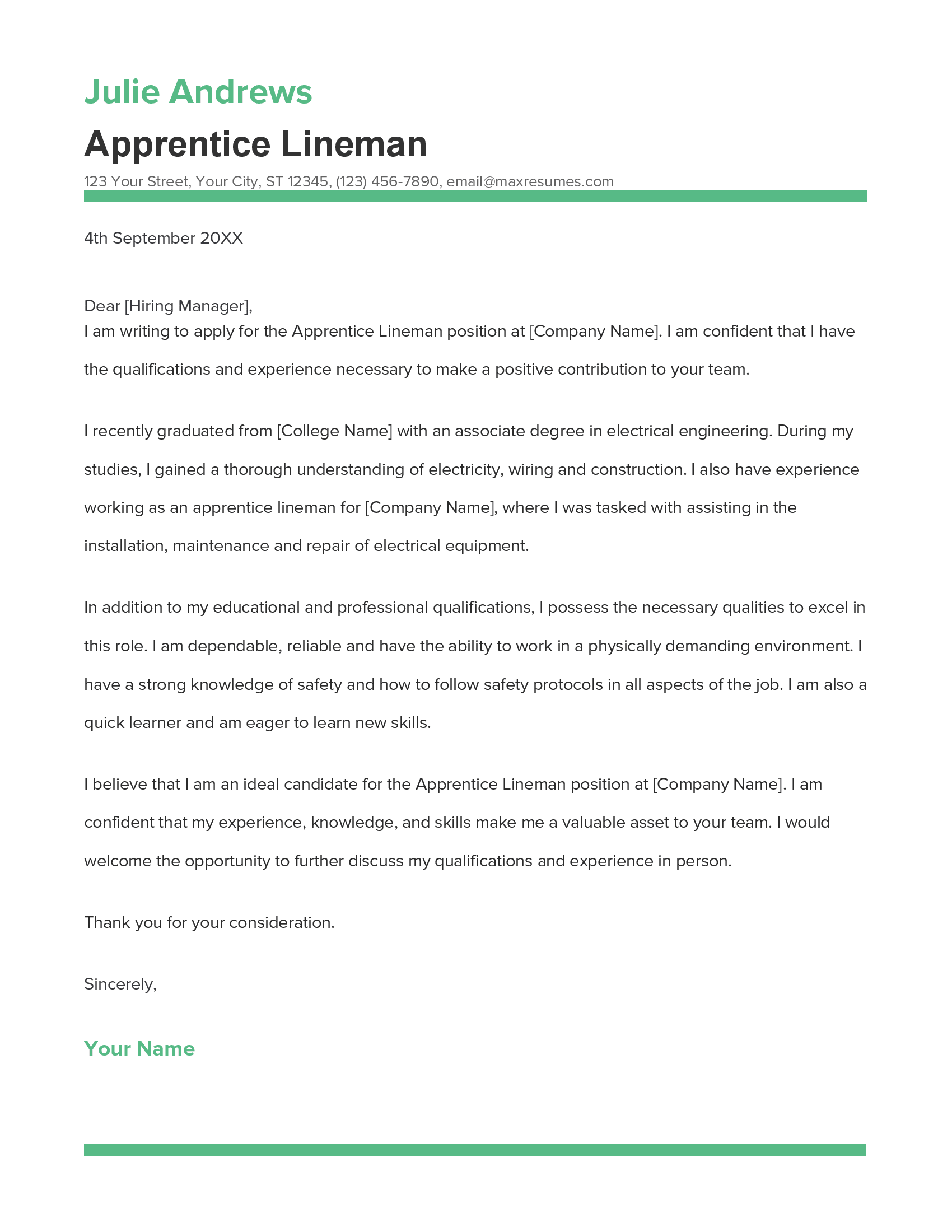 Apprentice Lineman Cover Letter Example