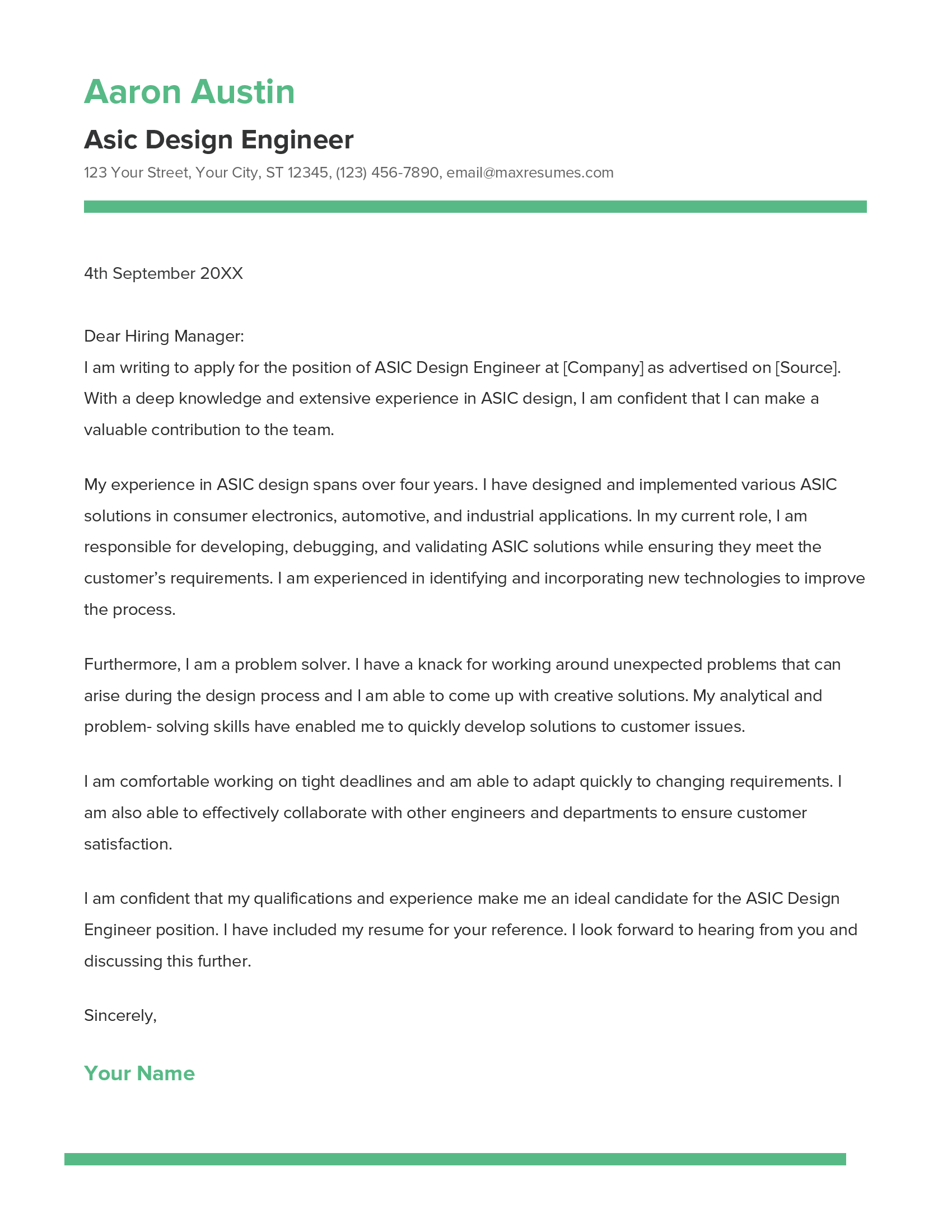 Asic Design Engineer Cover Letter Example