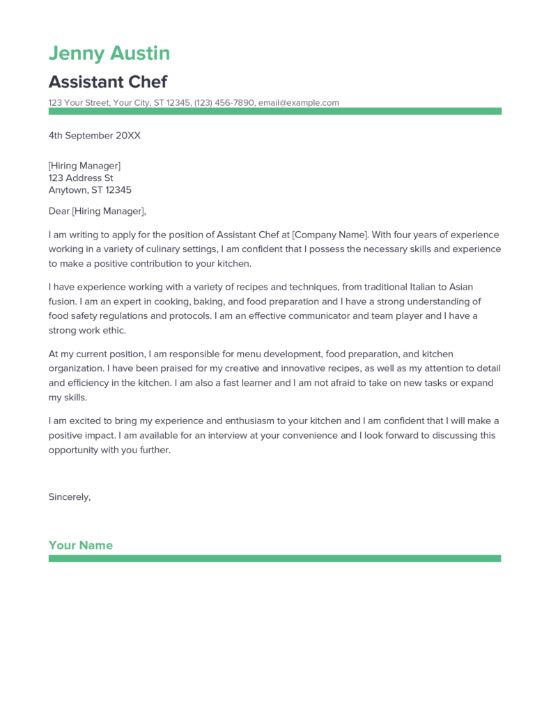 Best Assistant Chef Cover Letter Example for 2023