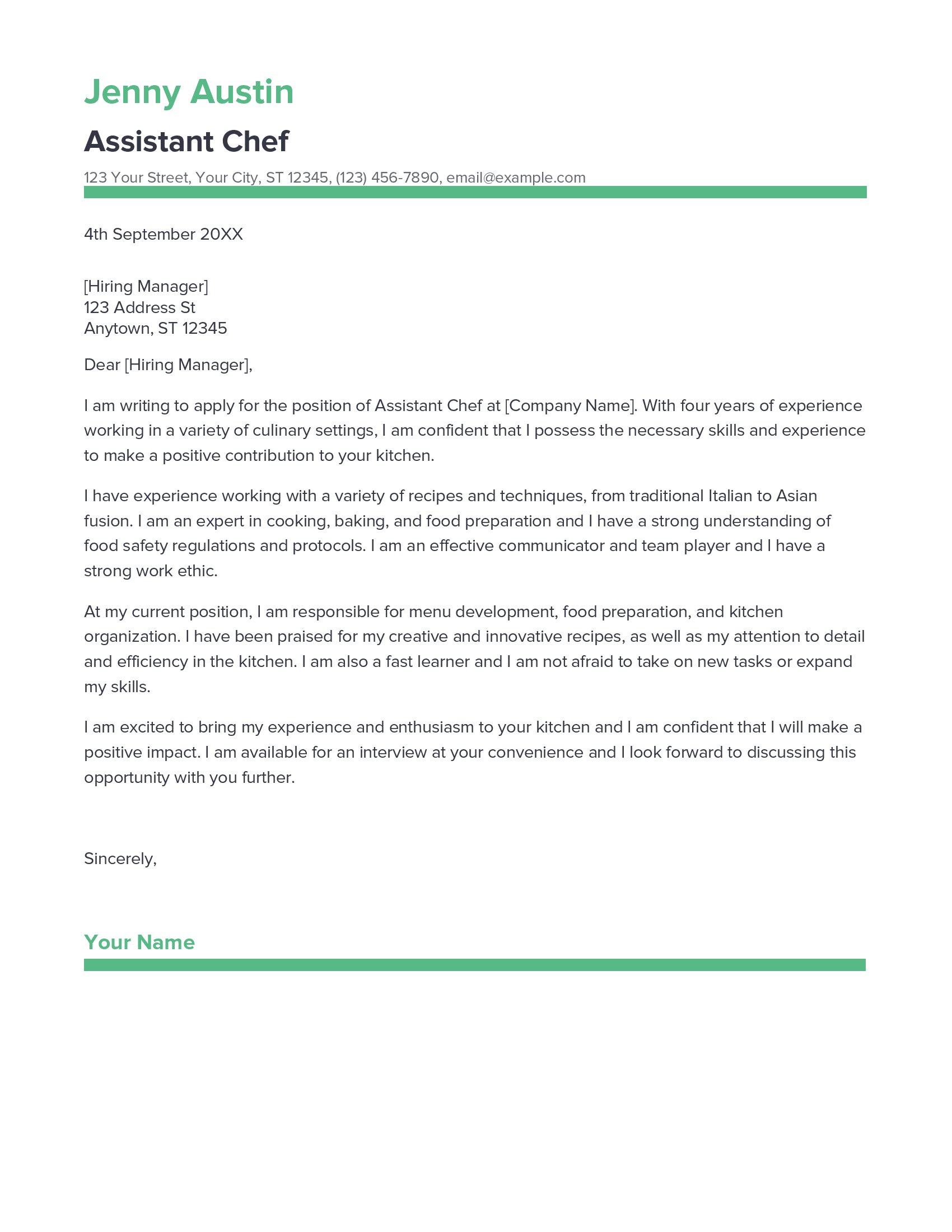 cover letter for assistant chef