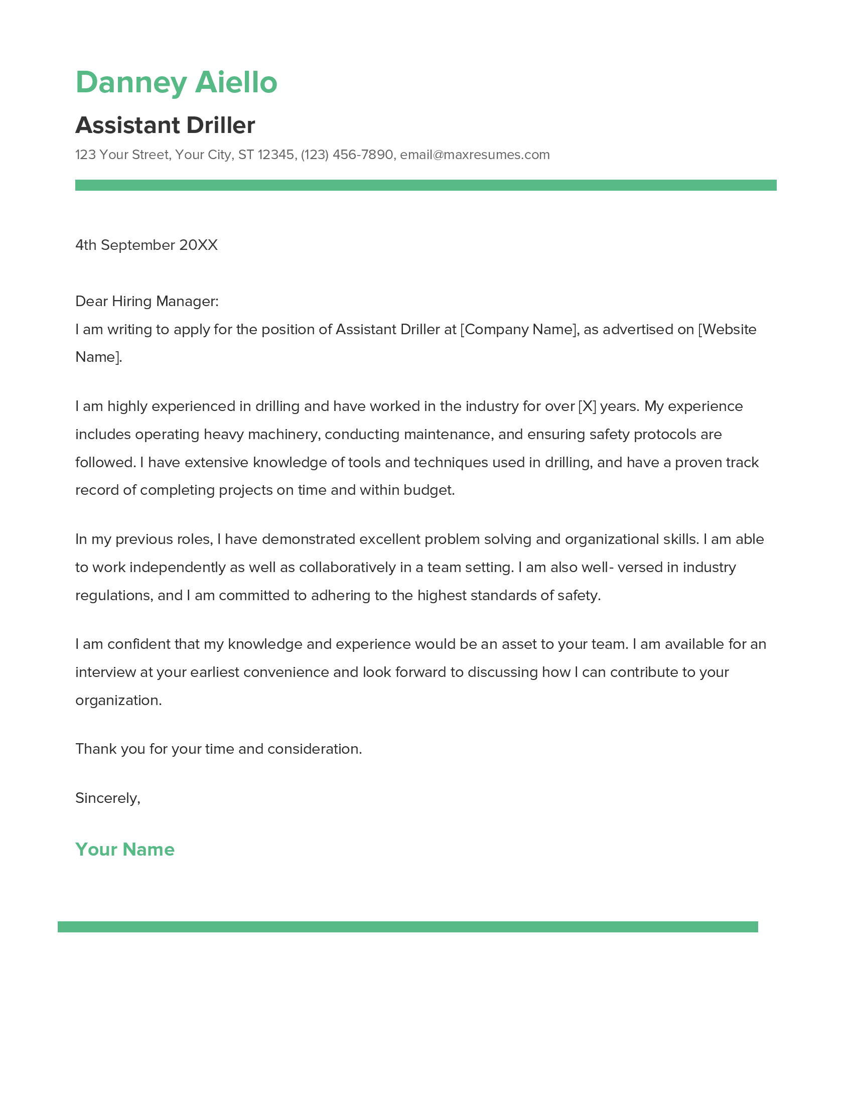 Assistant Driller Cover Letter Example