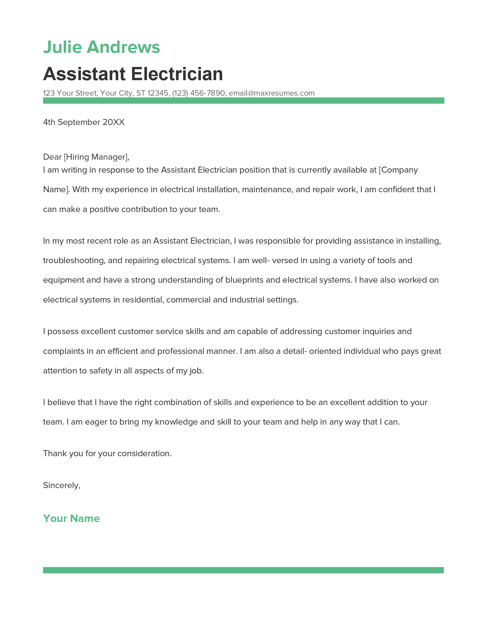Assistant Electrician Cover Letter Example