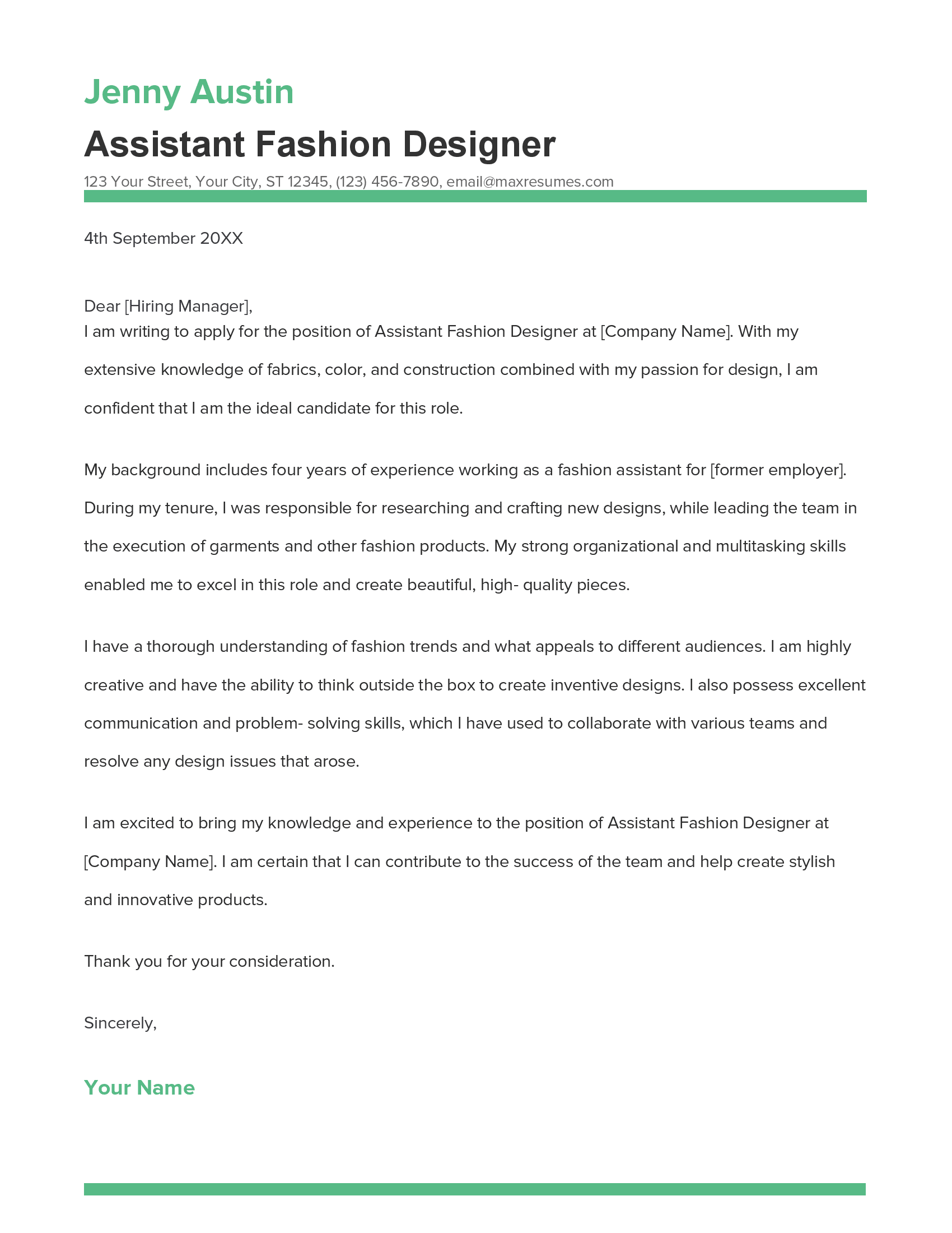 Assistant Fashion Designer Cover Letter Example