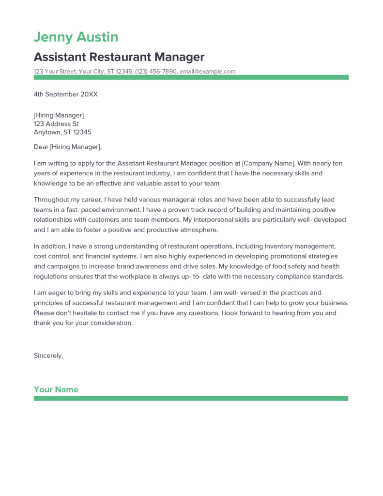 cover letter sample for assistant restaurant manager