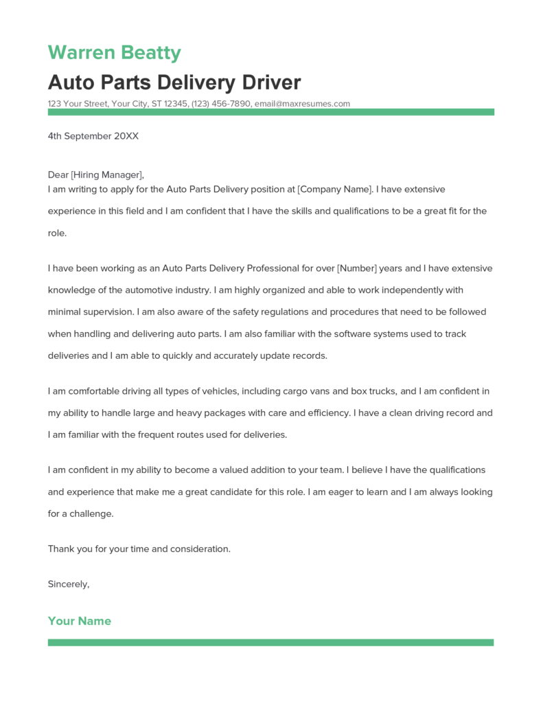 Best Auto Parts Delivery Driver Cover Letter Example for 2023