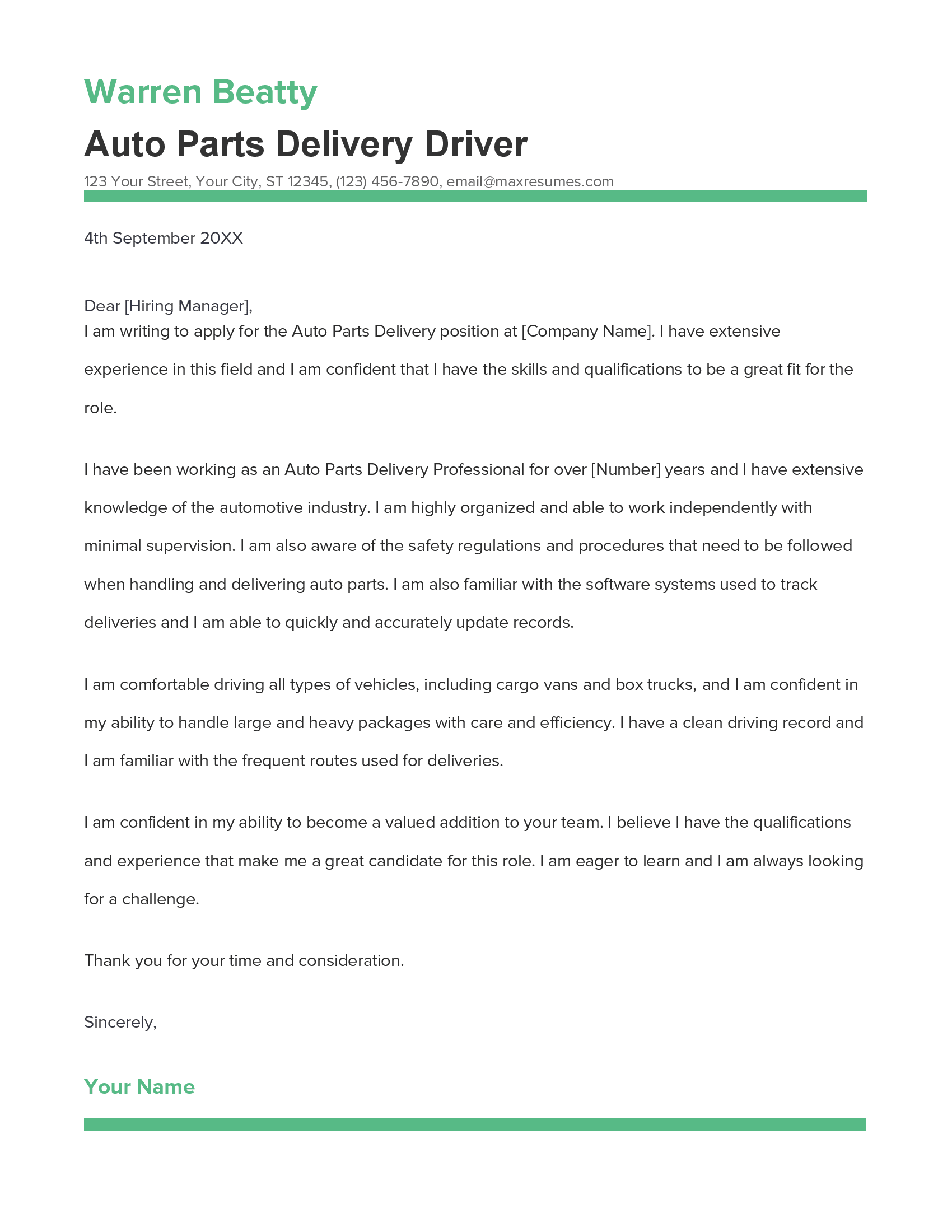 Auto Parts Delivery Driver Cover Letter Example