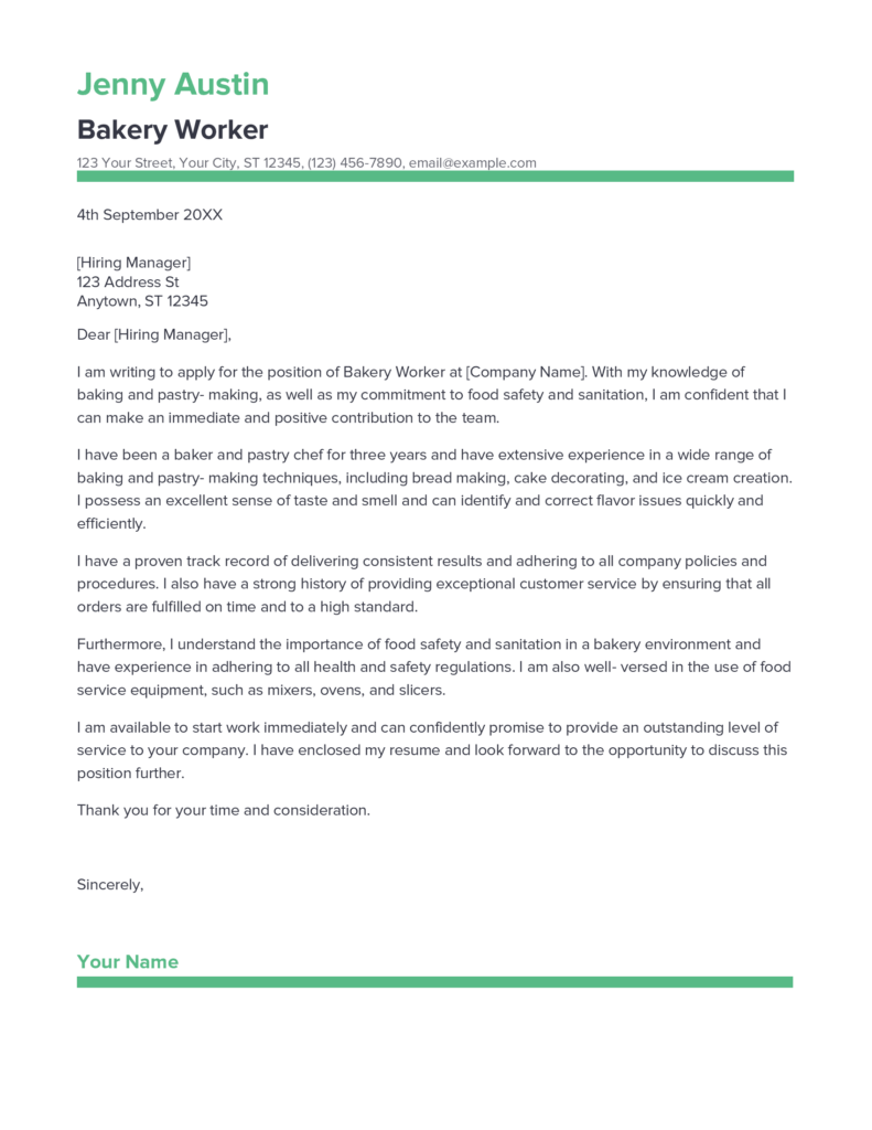 cover letter for bakery template