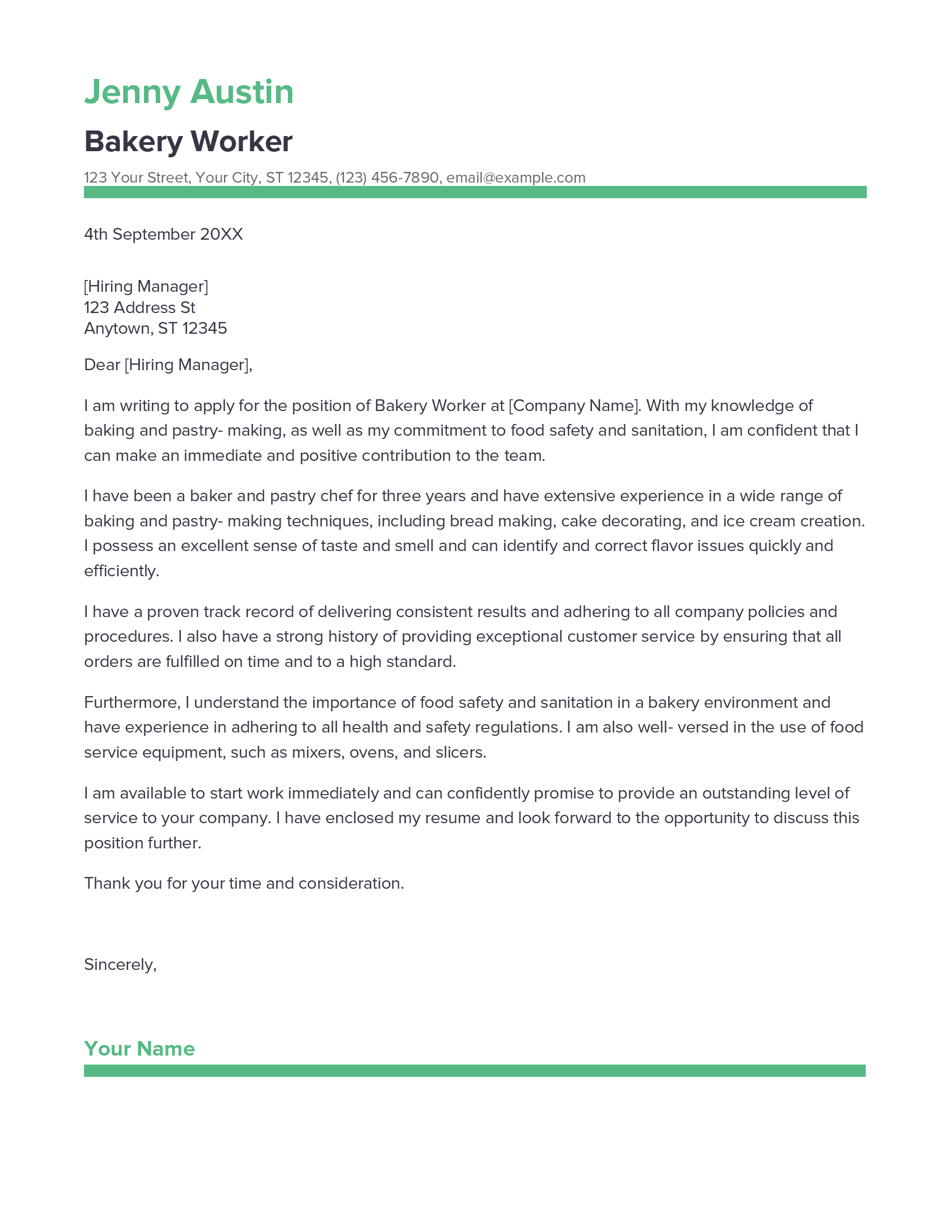 simple cover letter for bakery job