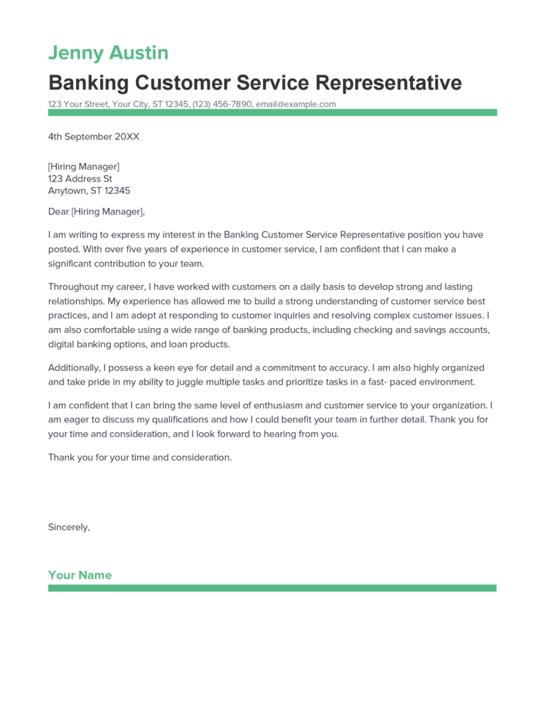 cover letter for customer service representative at bank