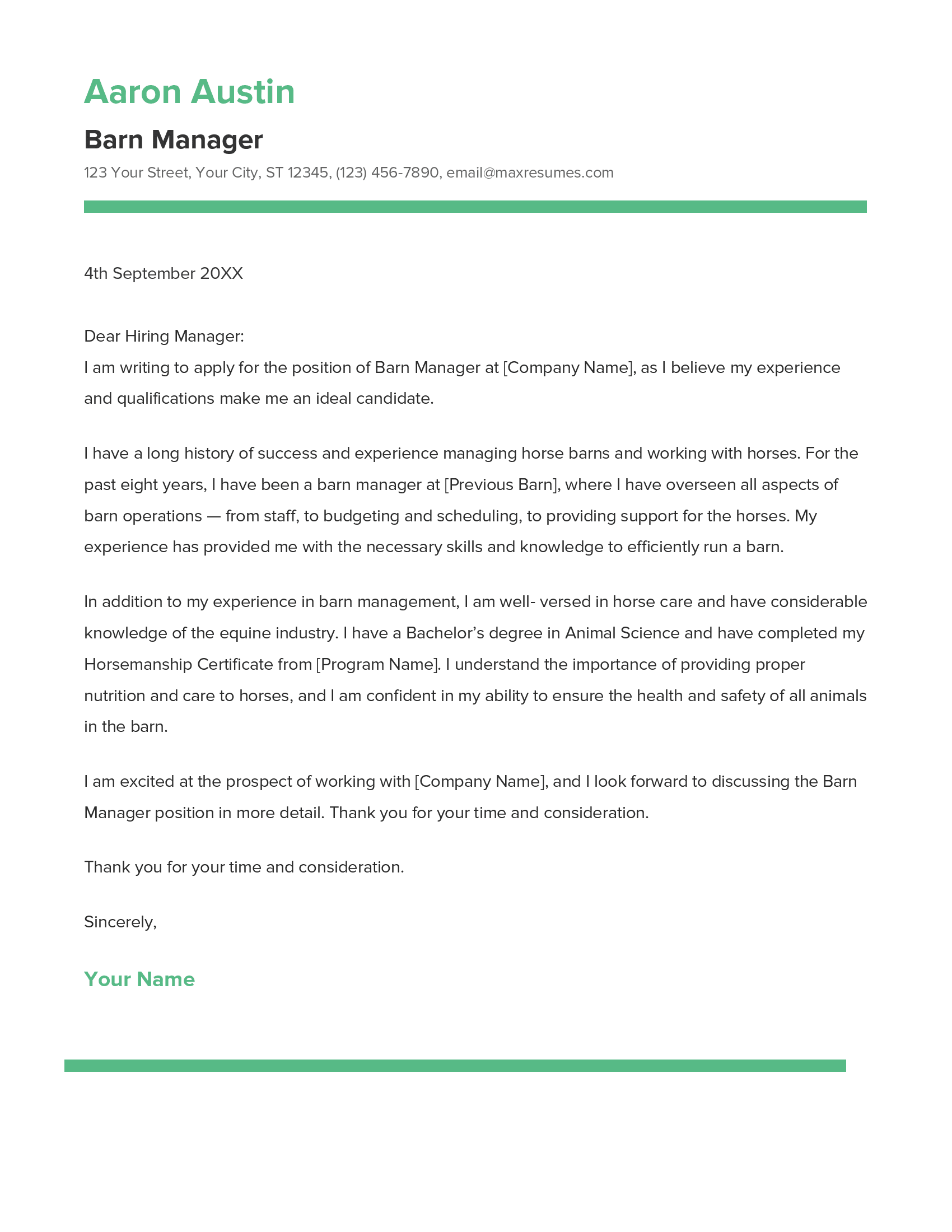 Barn Manager Cover Letter Example