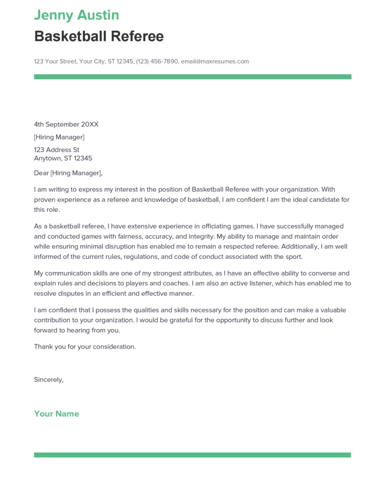 Best Basketball Referee Cover Letter Example for 2023