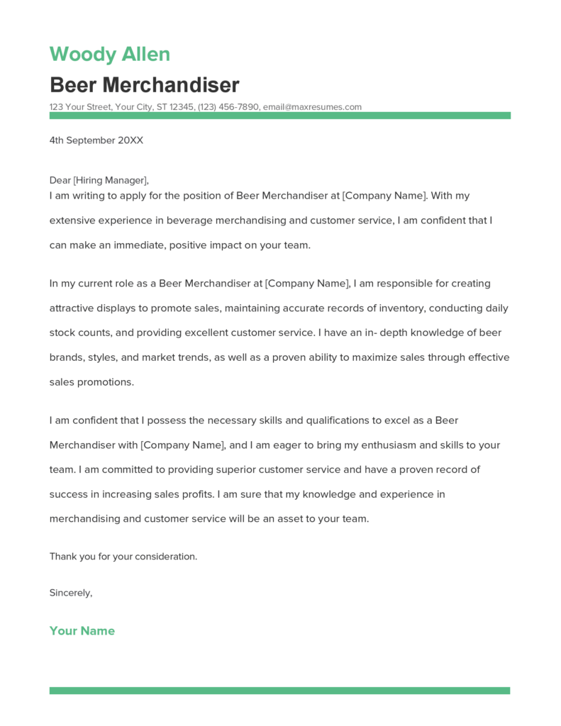 Best Beer Merchandiser Cover Letter Example for 2023