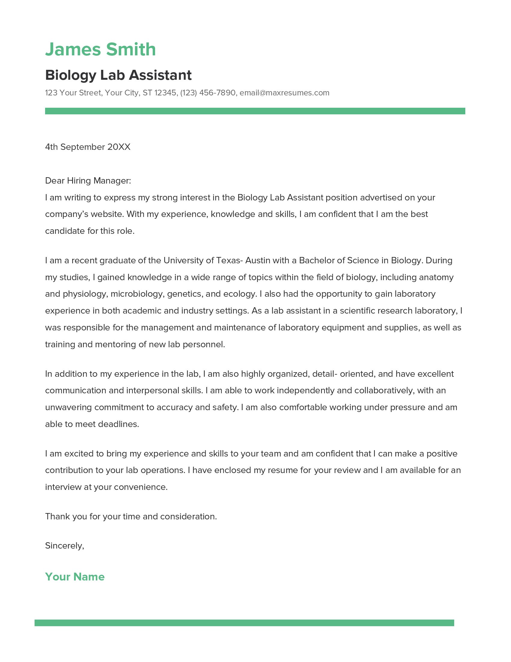 Biology Lab Assistant Cover Letter Example