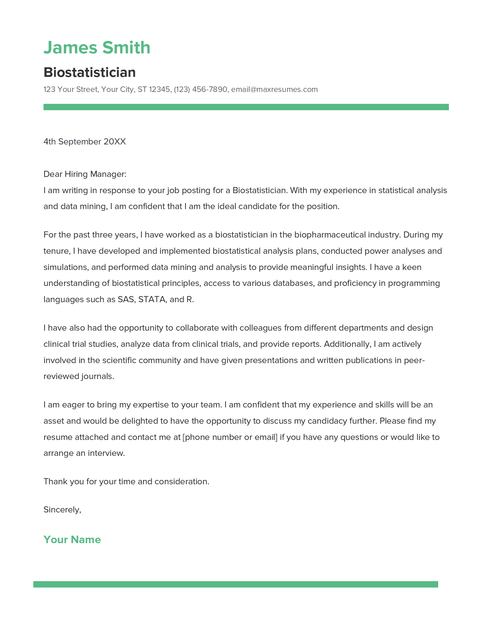Biostatistician Cover Letter Example