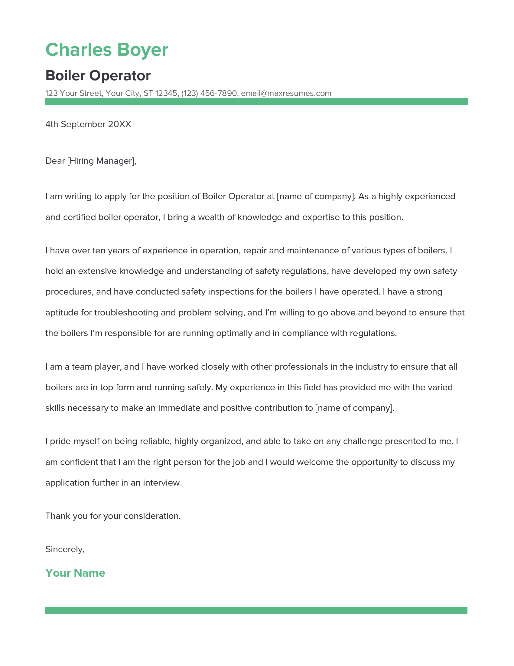 Boiler Operator Cover Letter Example