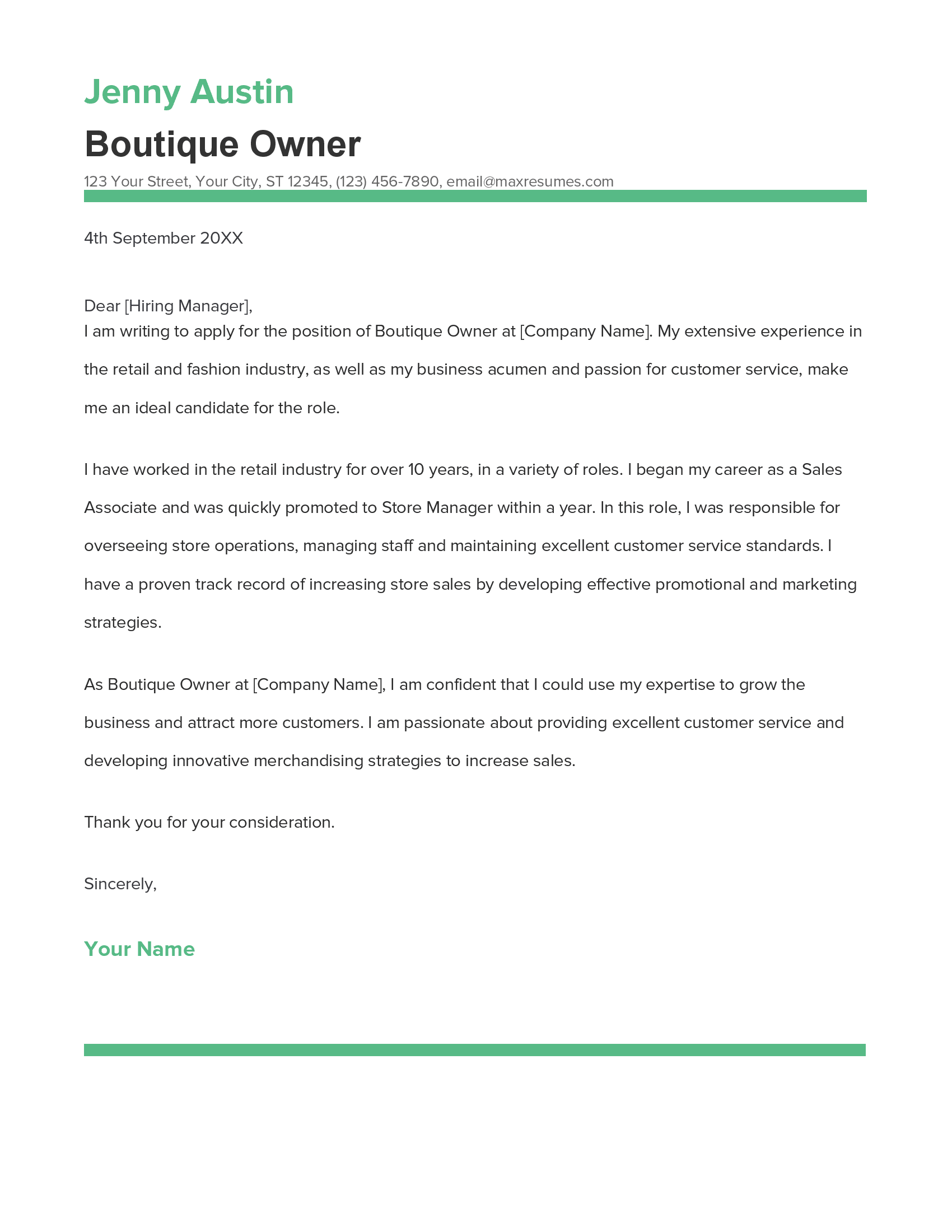 Boutique Owner Cover Letter Example