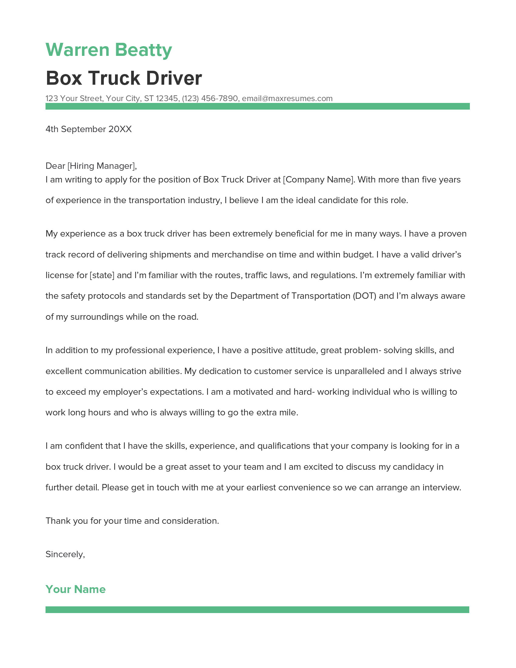 Box Truck Driver Cover Letter Example