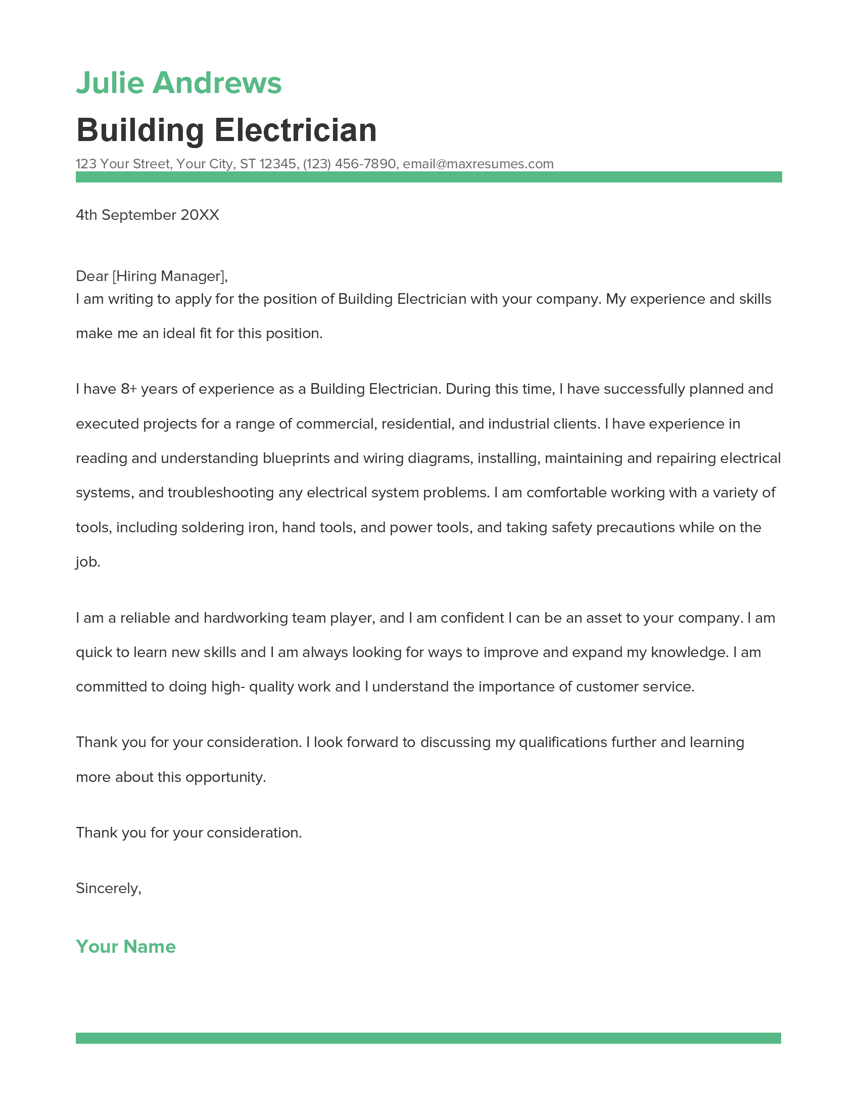 Building Electrician Cover Letter Example