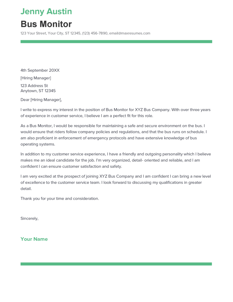 Best Bus Monitor Cover Letter Example for 2023
