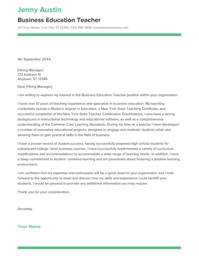 Best Business Education Teacher Cover Letter Example for 2023