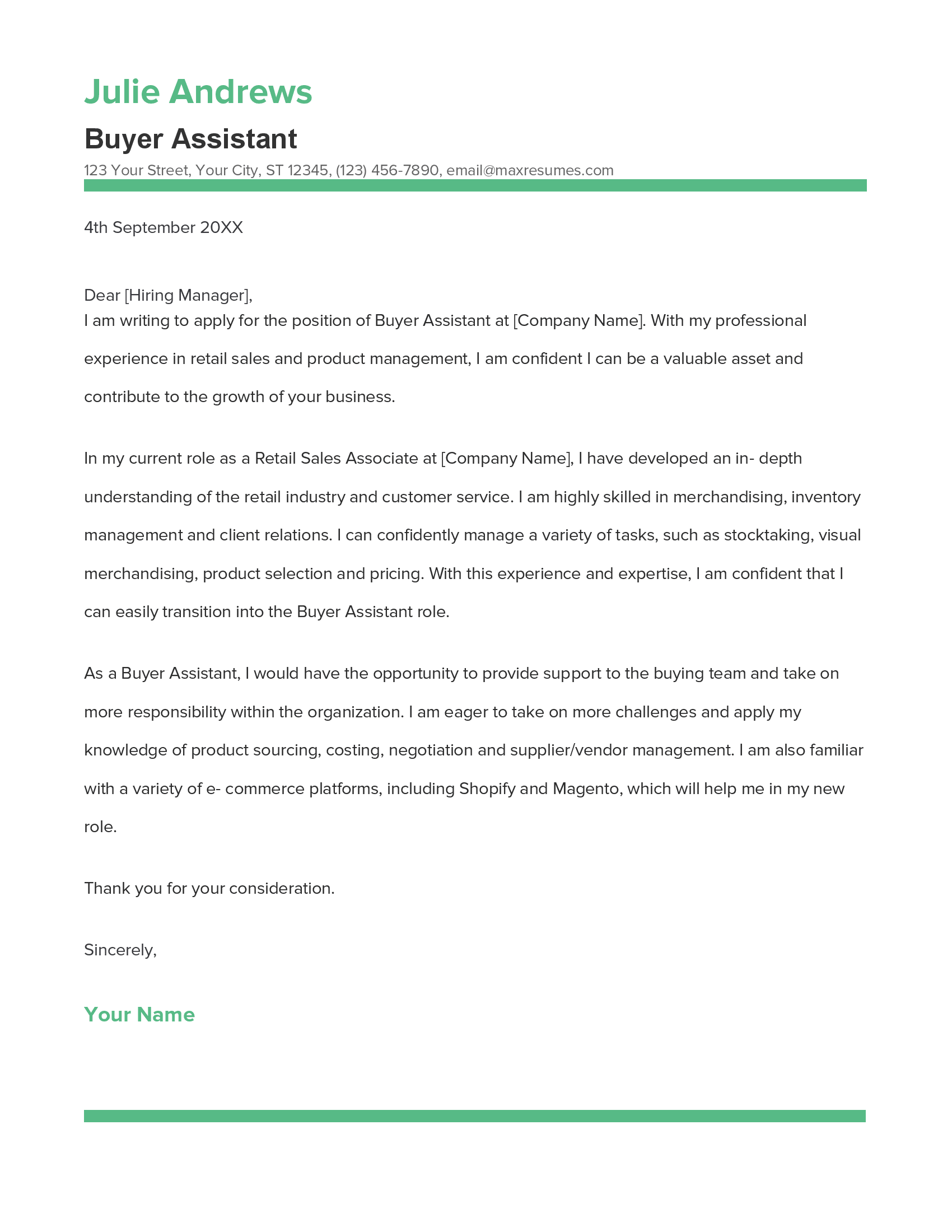 Buyer Assistant Cover Letter Example