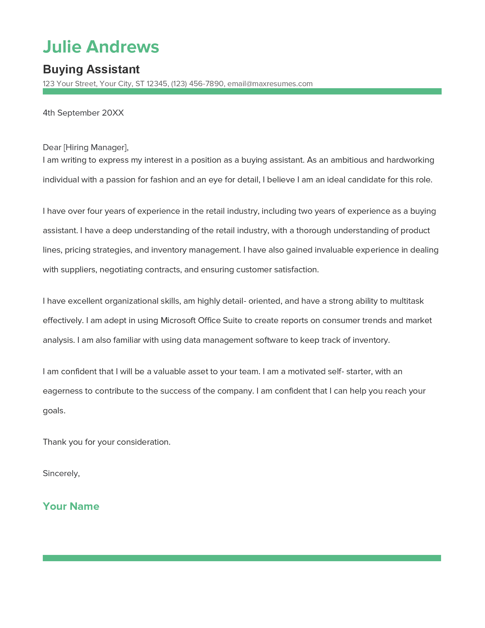 Buying Assistant Cover Letter Example