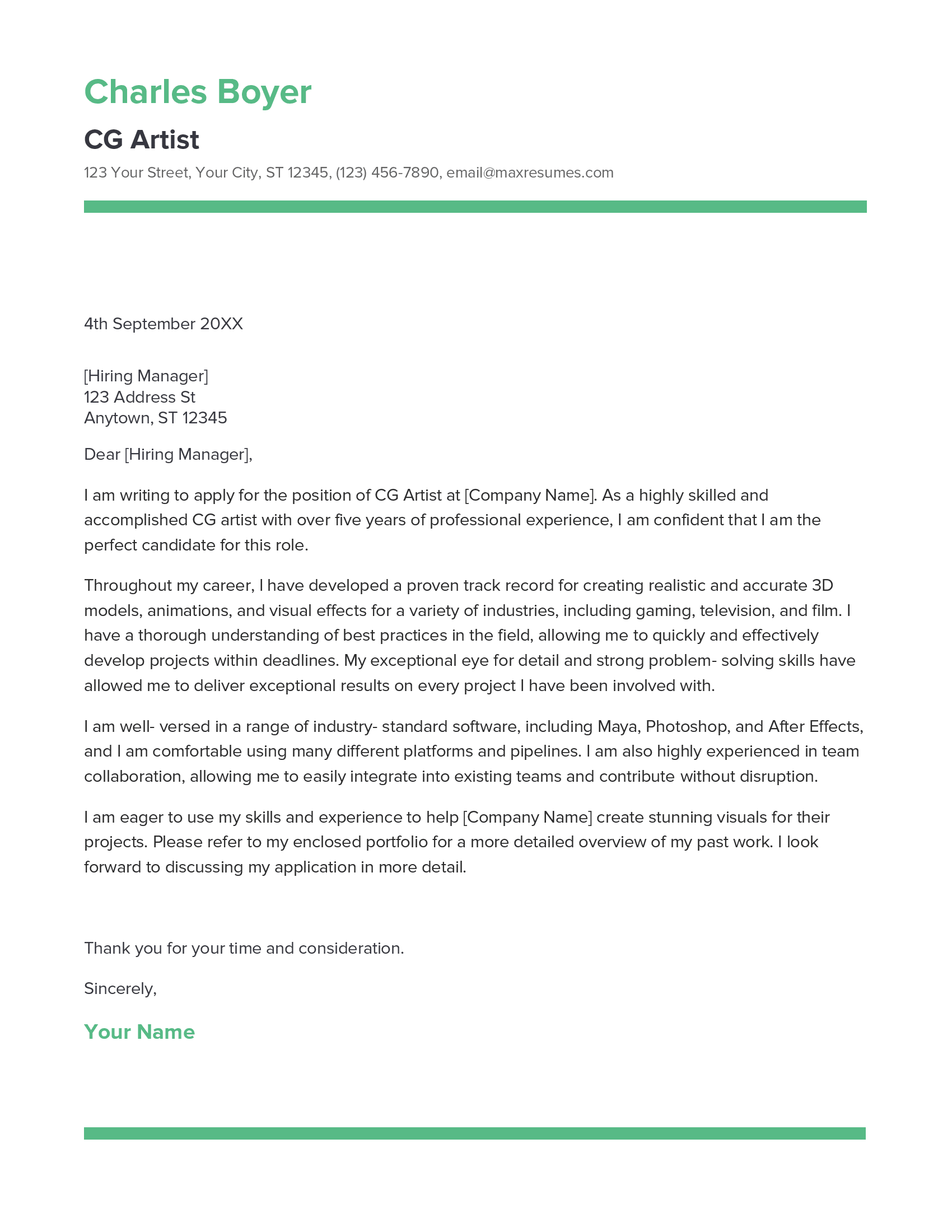 CG Artist Cover Letter Example