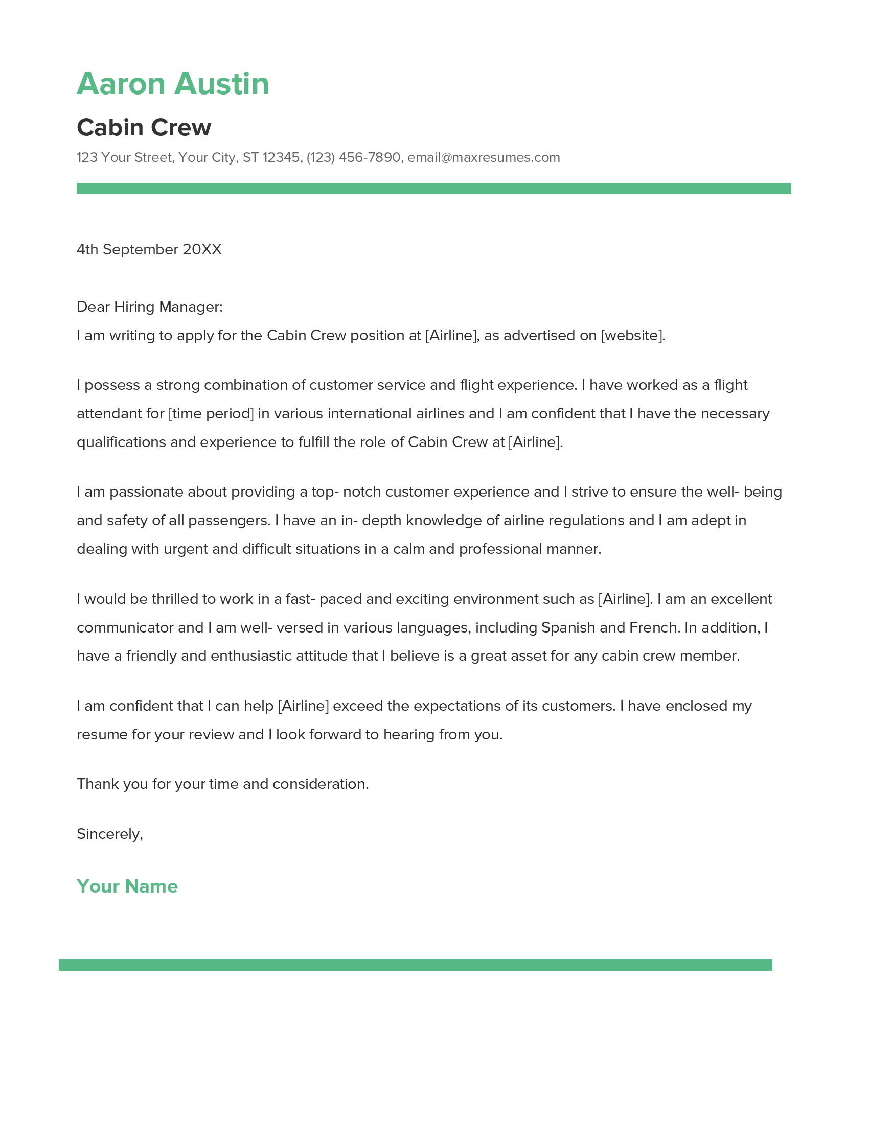 Cabin Crew Cover Letter Example