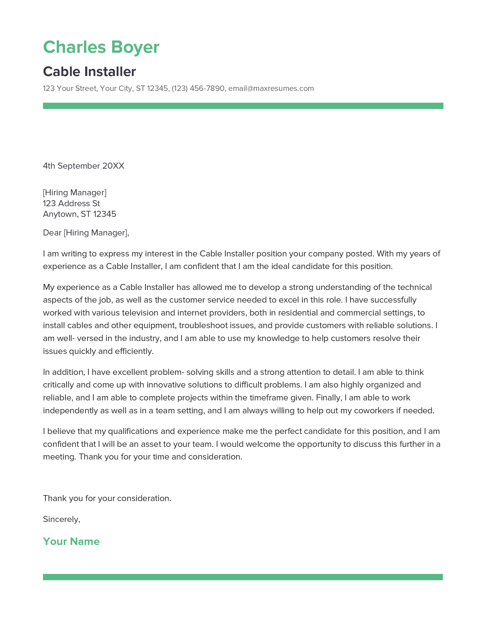 Cable Installer Cover Letter Example