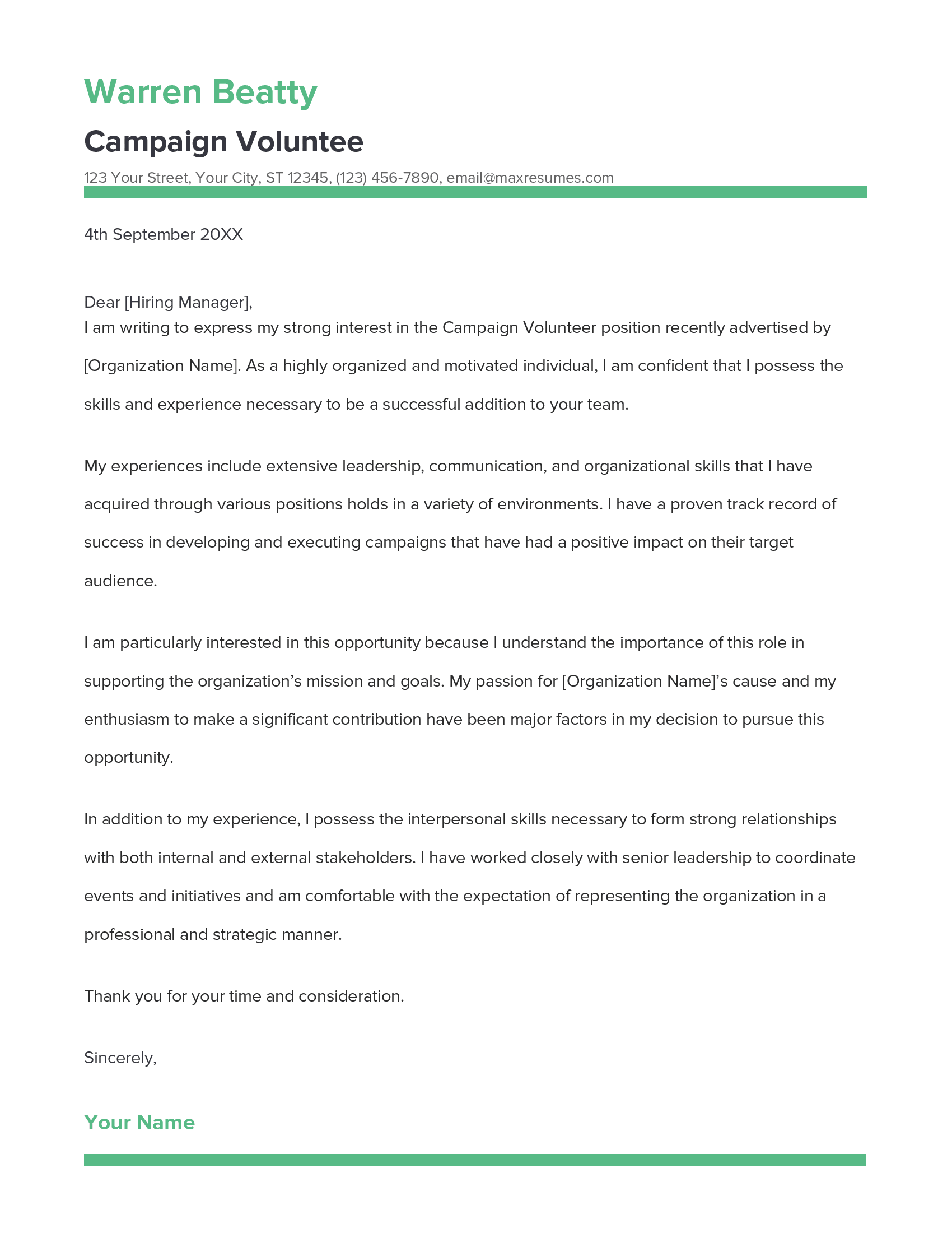 Campaign Volunteer Cover Letter Example