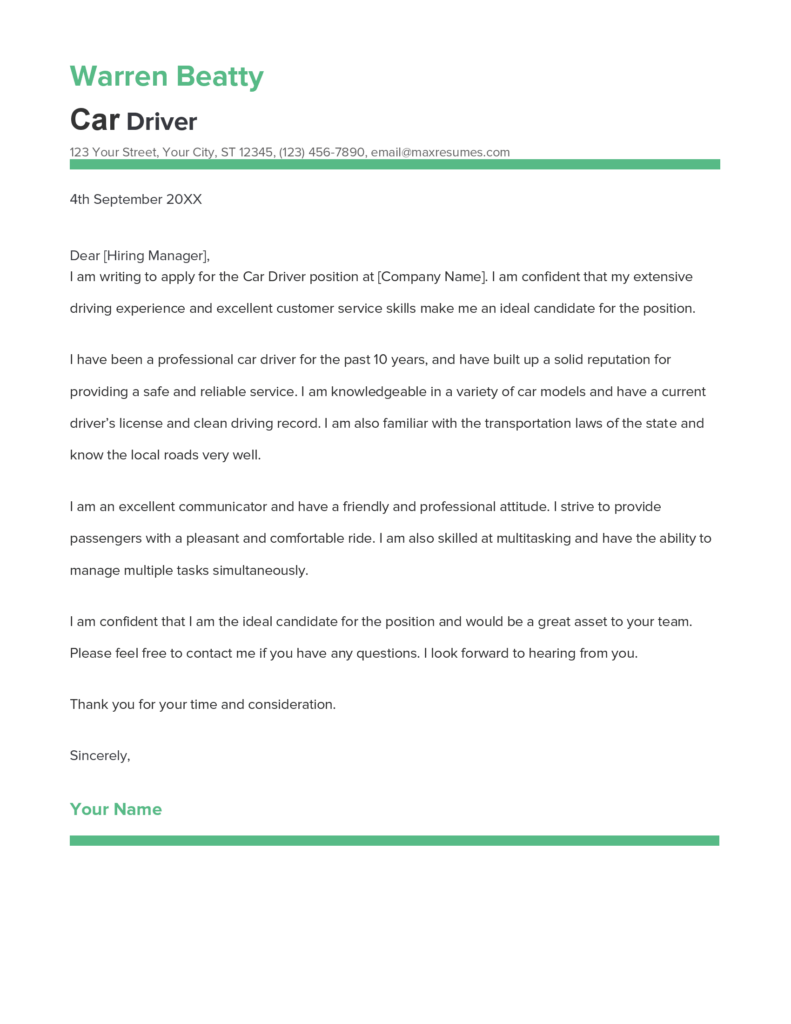 Best Car Driver Cover Letter Example for 2023