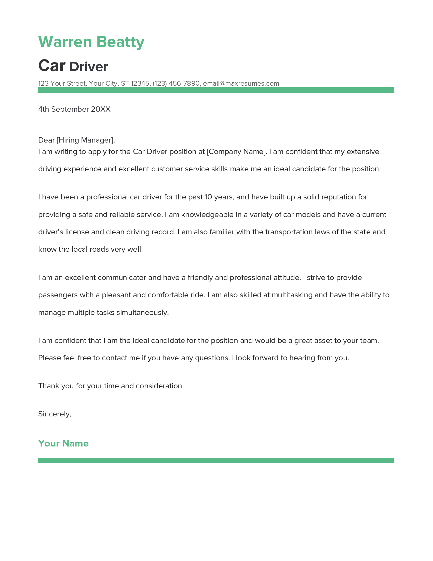 Car Driver Cover Letter Example