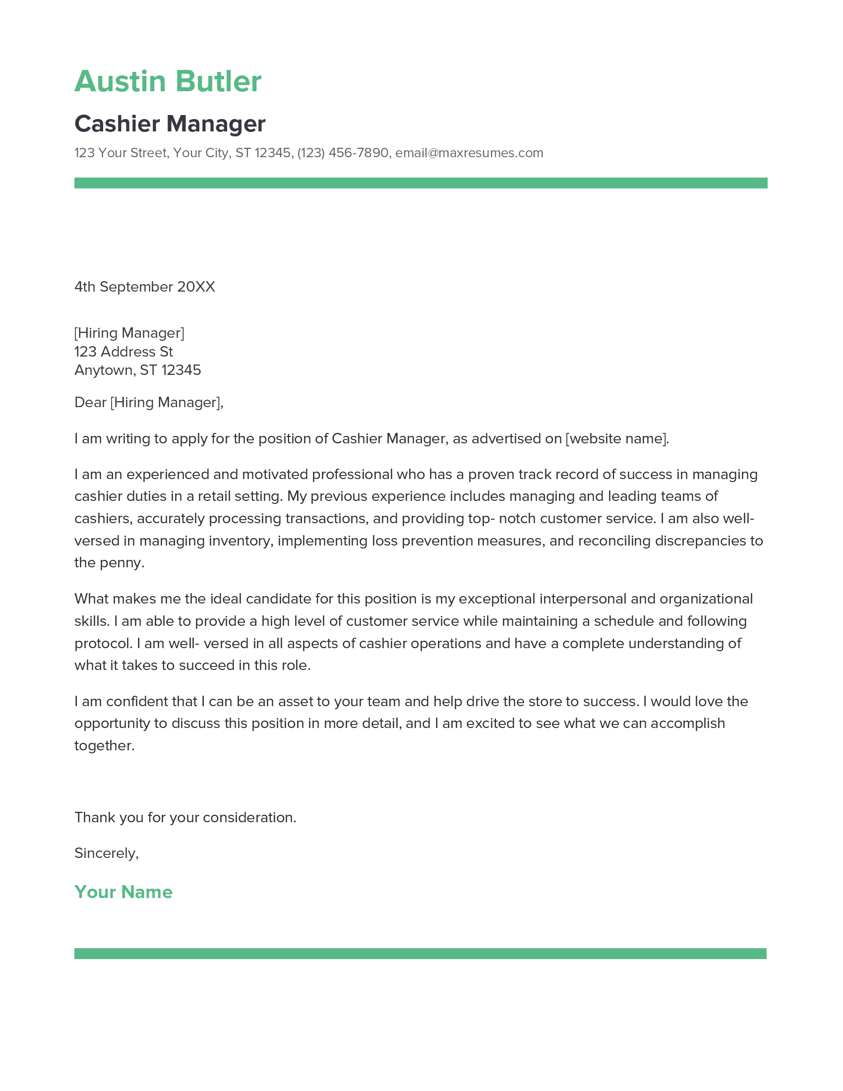 Cashier Manager Cover Letter Example