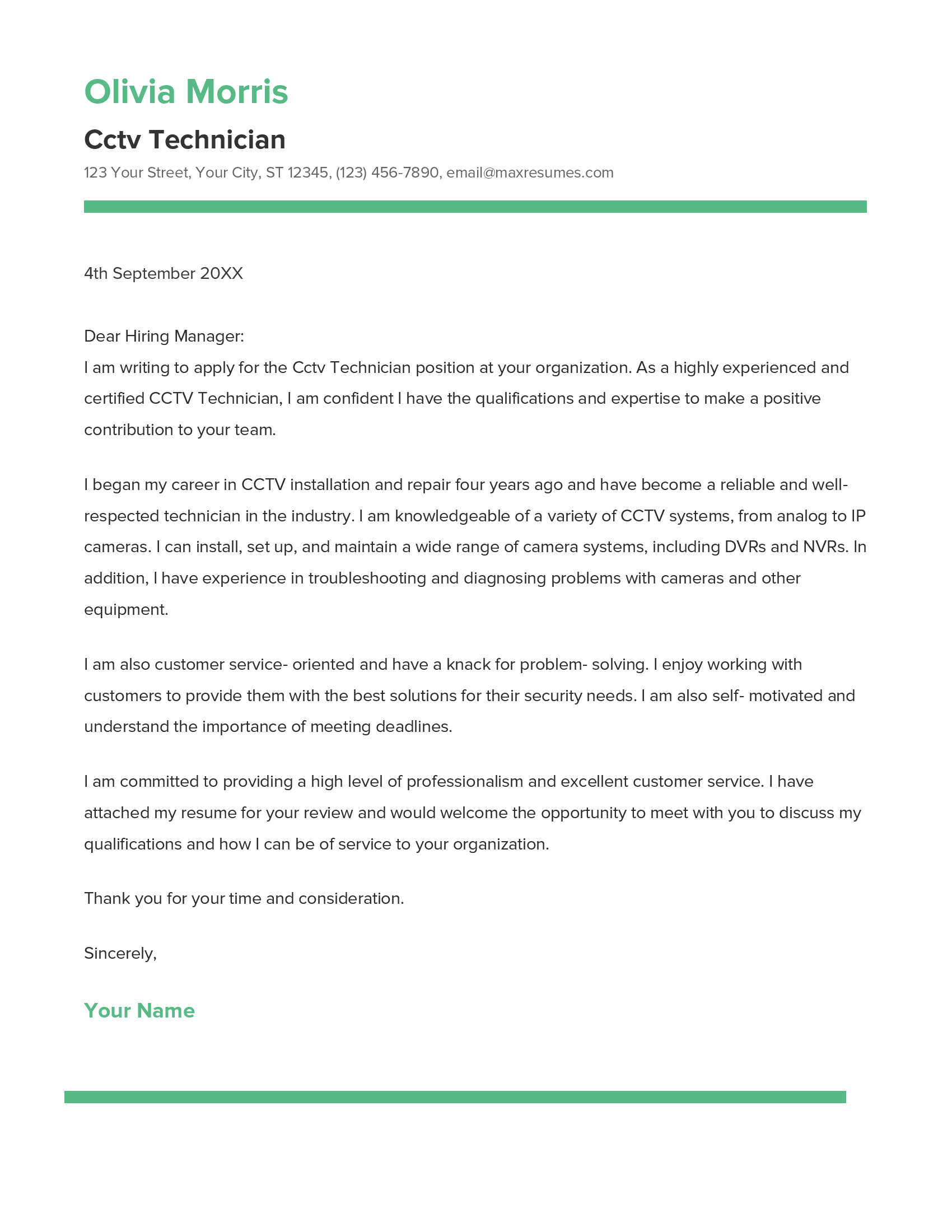 Cctv Technician Cover Letter Example