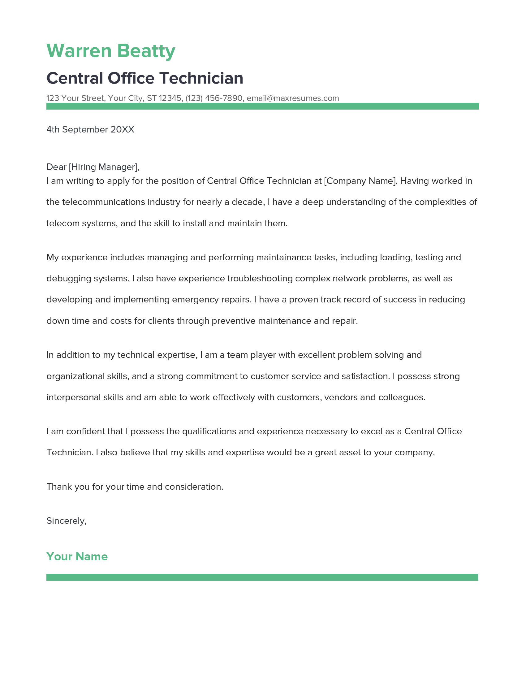 Central Office Technician Cover Letter Example