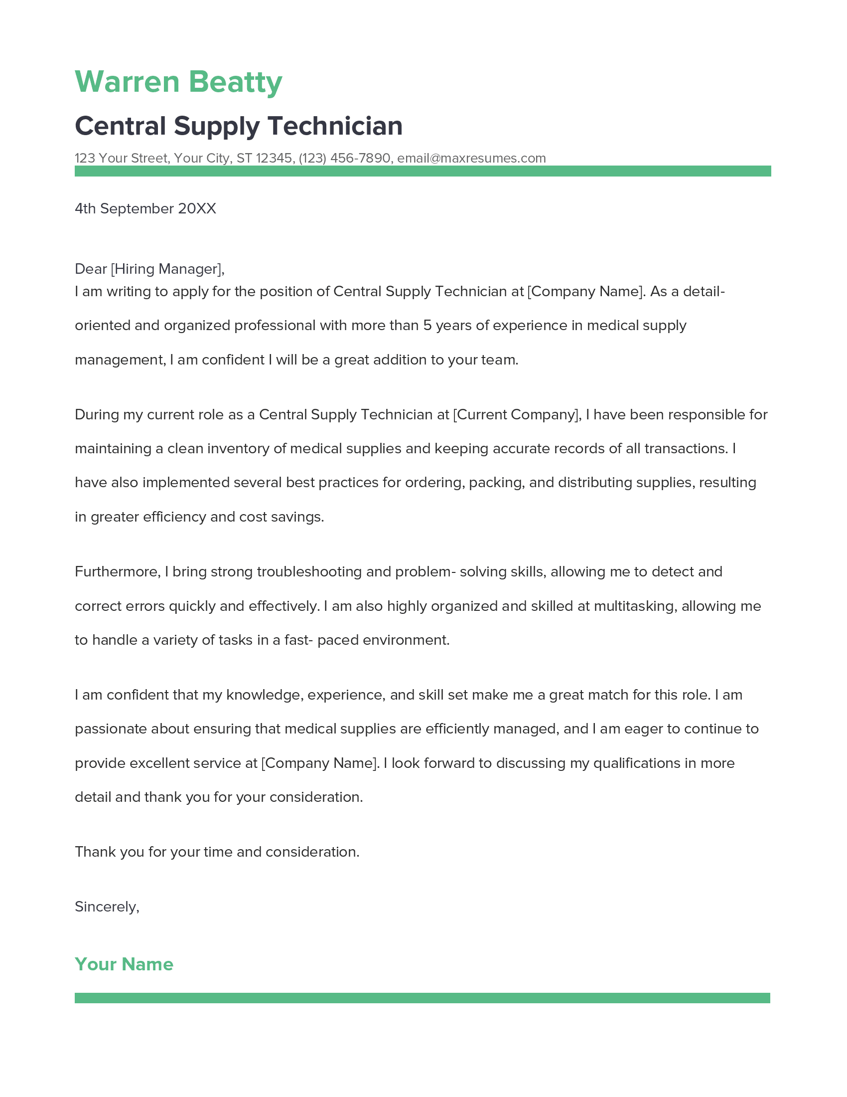 Central Supply Technician Cover Letter Example