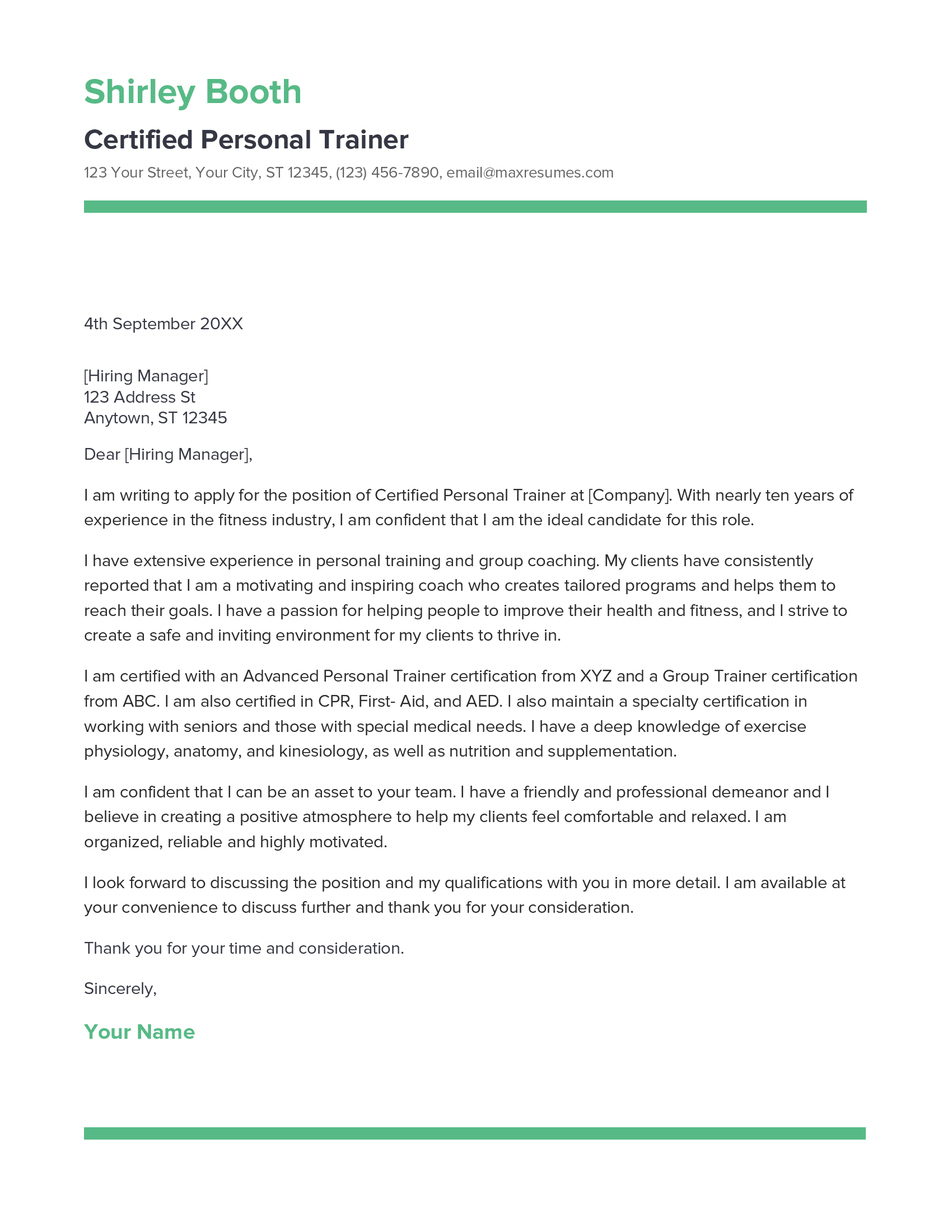 Certified Personal Trainer Cover Letter Example