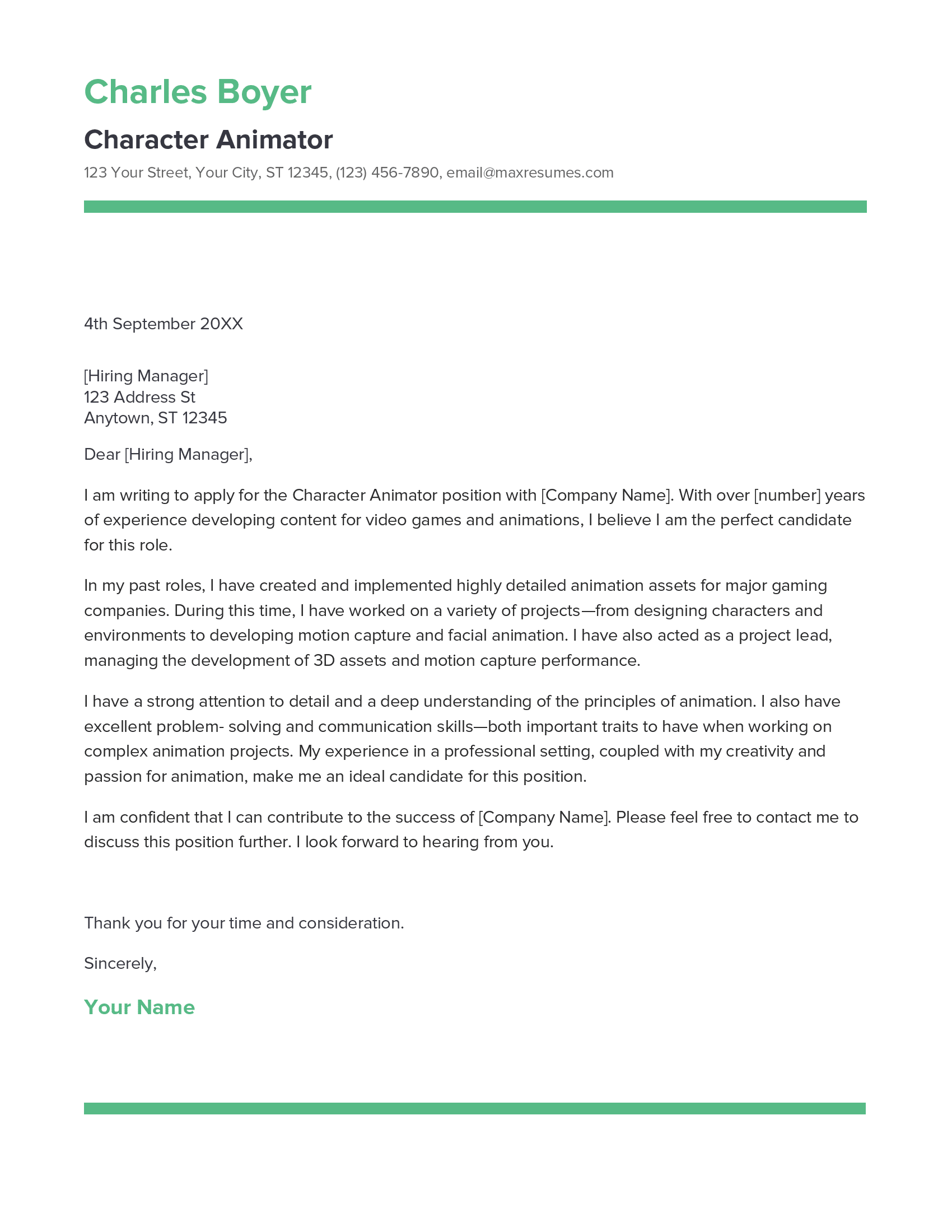 Character Animator Cover Letter Example