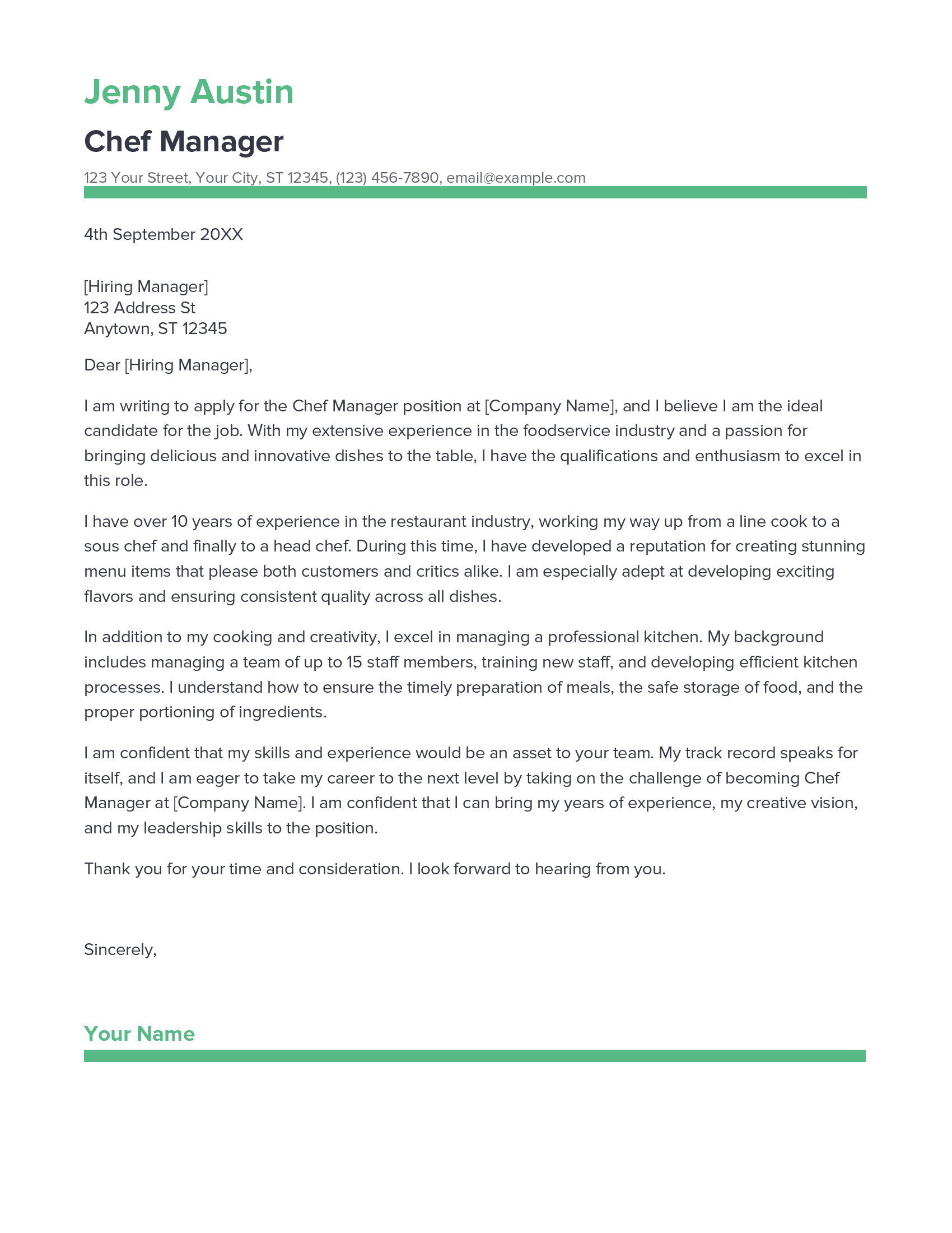 cover letter for chef manager