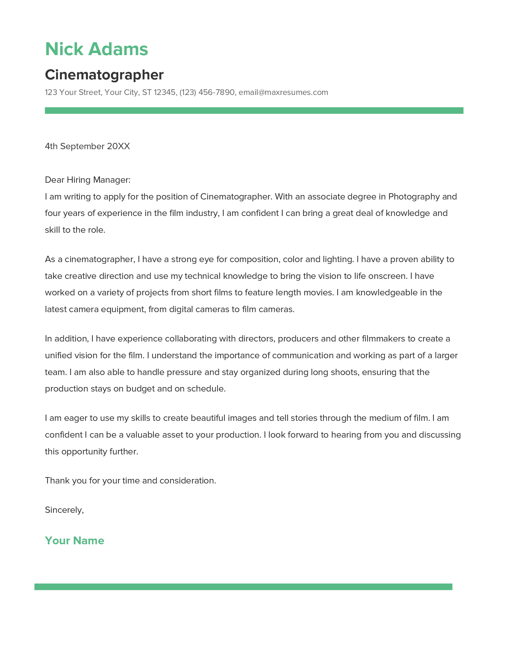 Cinematographer Cover Letter Example