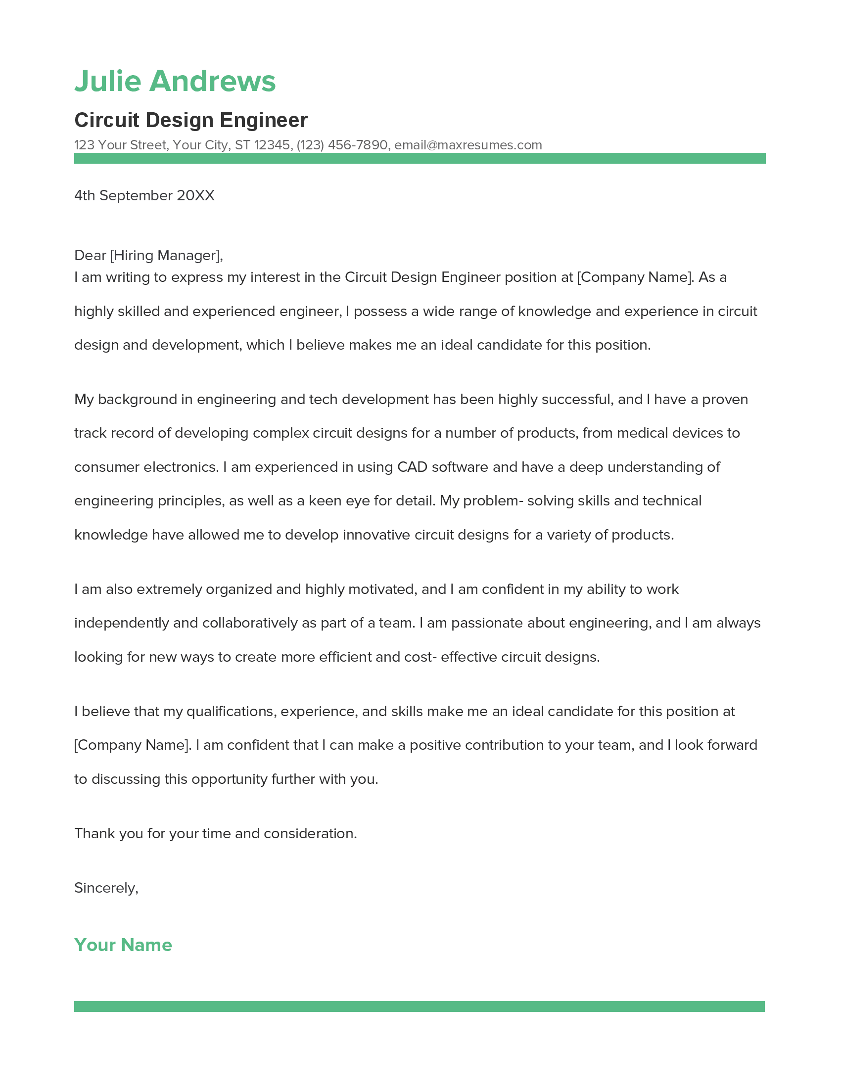 Circuit Design Engineer Cover Letter Example