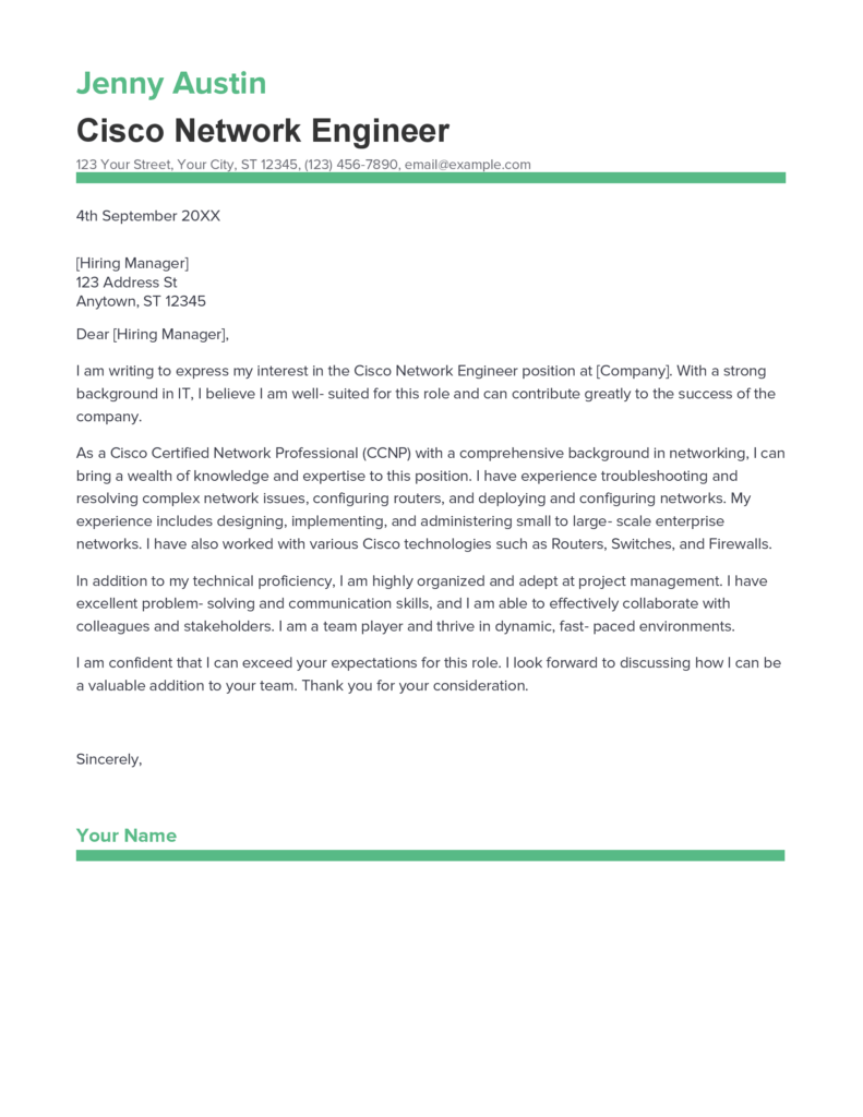 Best Cisco Network Engineer Cover Letter Example for 2023